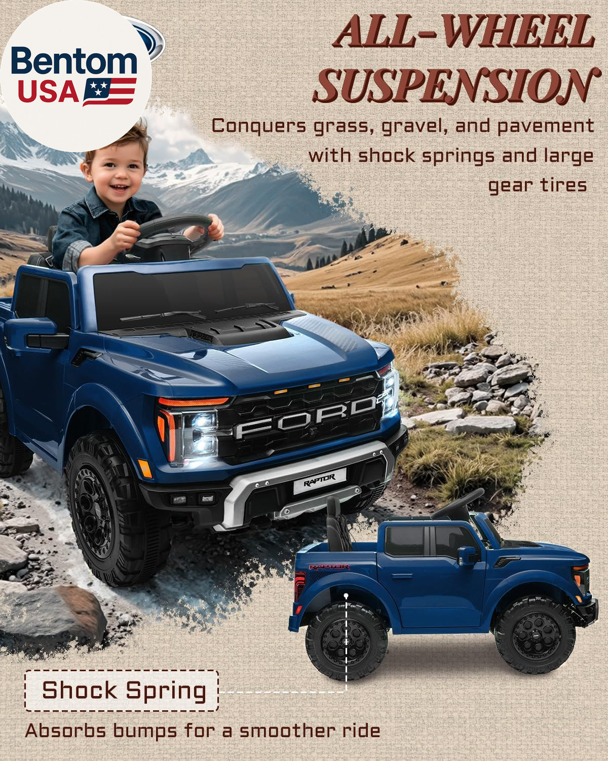 12V Electric Car for Kids, Licensed Ford F-150 Raptor Toddler Ride on Toys with