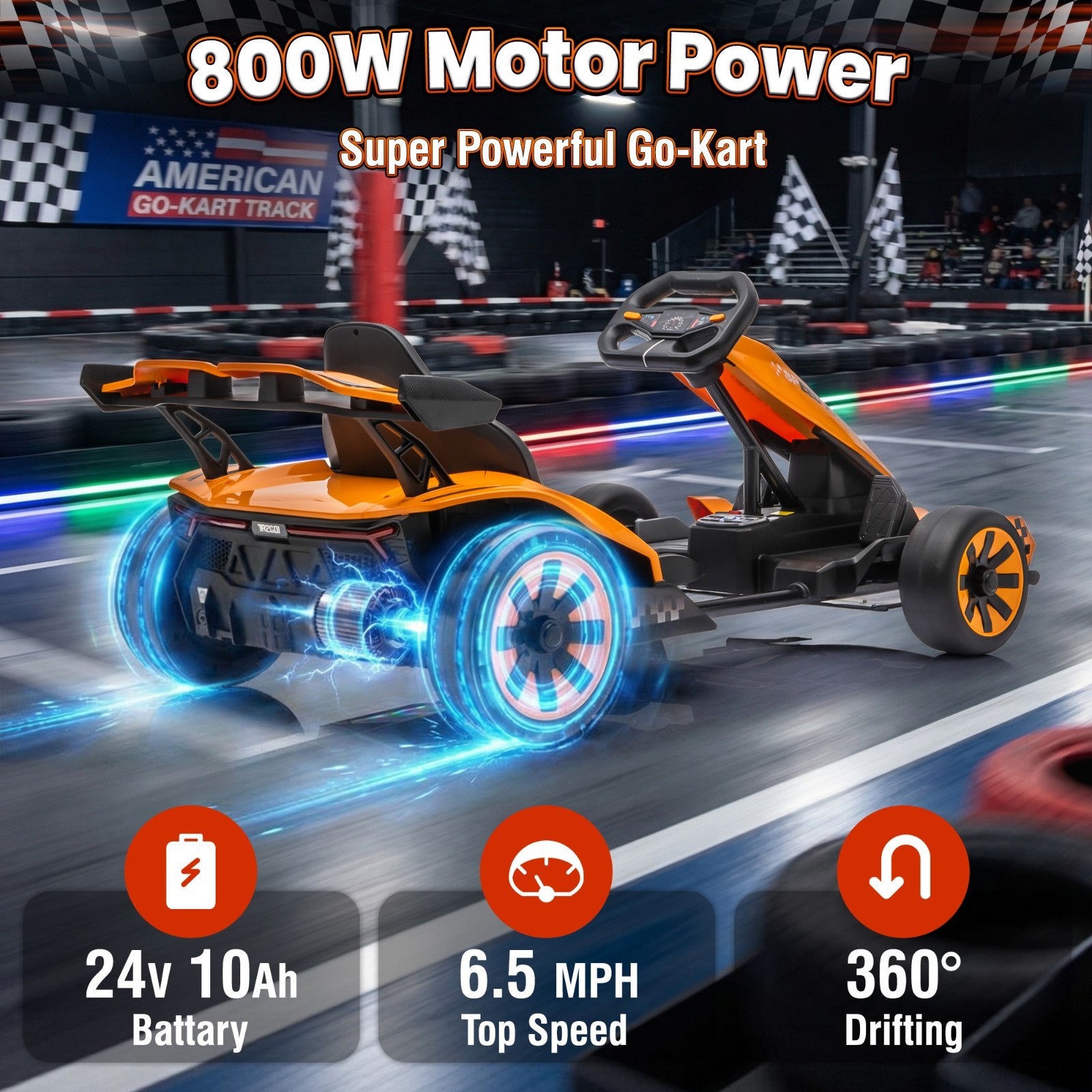 24V 10Ah Kids Drift Go Kart Dual Motor Adjustable Frame LED Underglow Lights