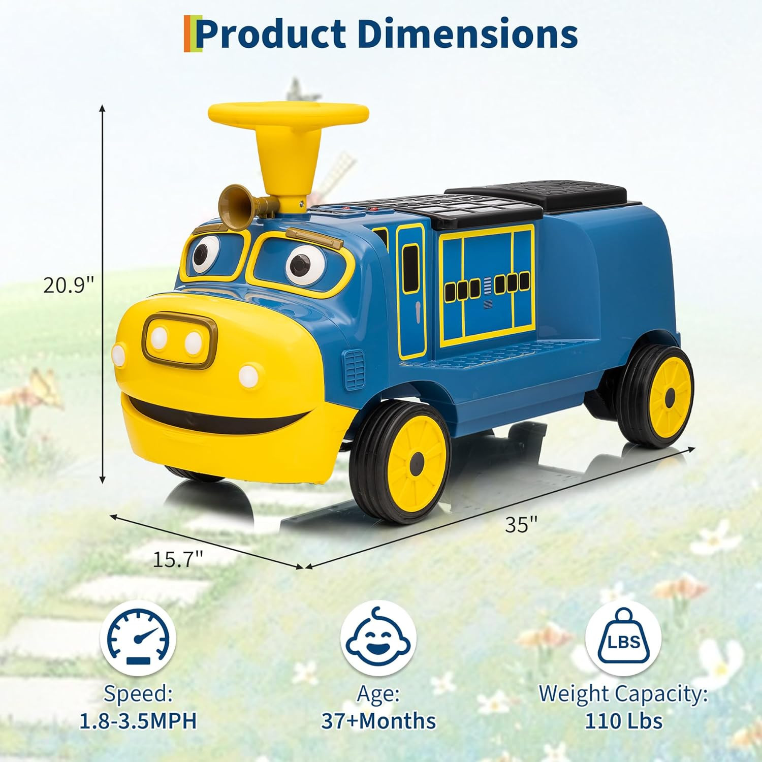 Blue/Red 2-Seater Ride On Train 12V Kids Electric Car w/Music,Light,Honk,Storage