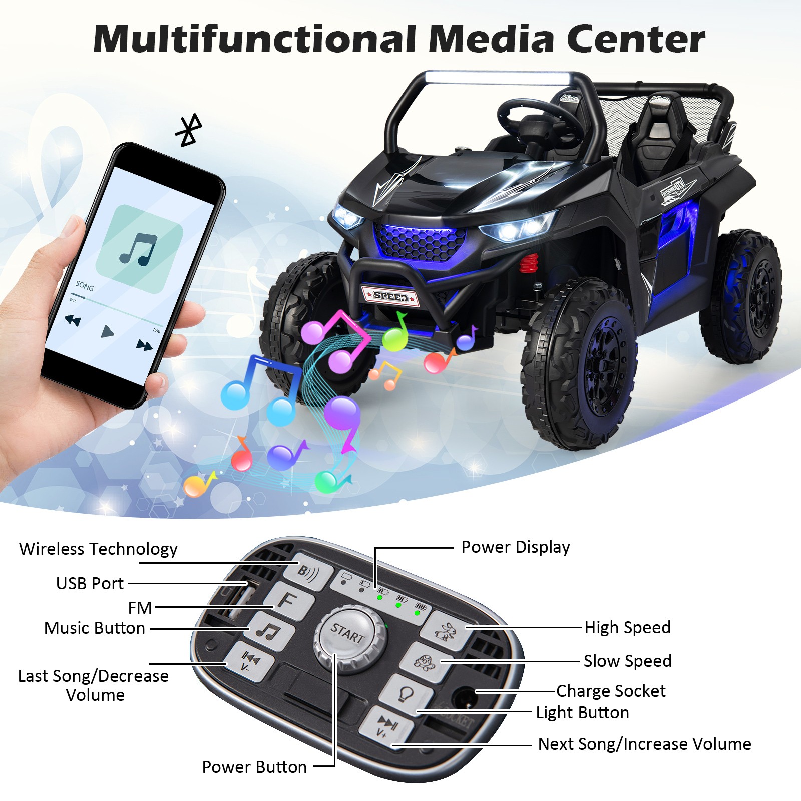 12V Ride on Truck w/ 3-Points Safety Belts & Lockable Doors up to 130 LBS Black