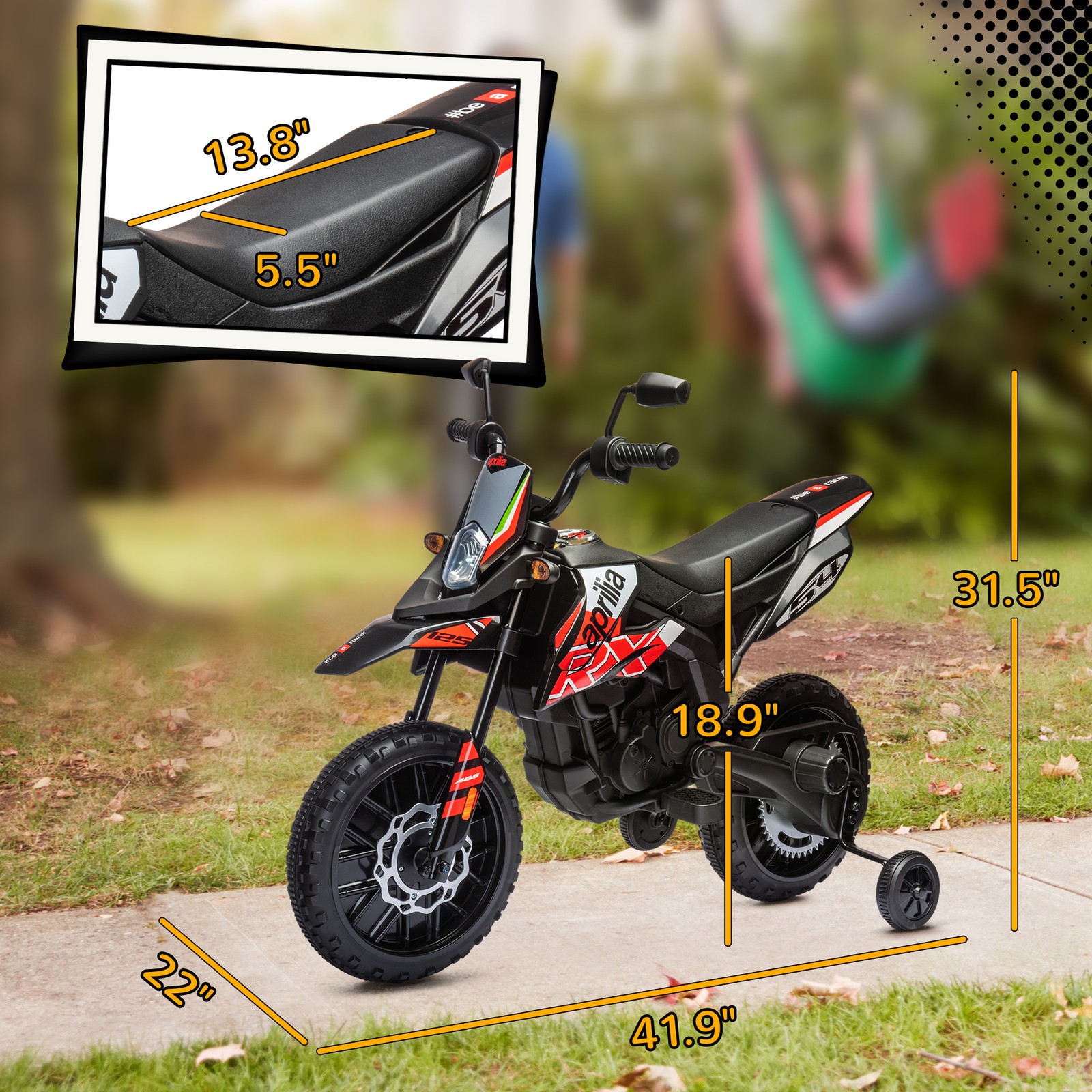 12V Aprilia Licenced Kids Motorcycle with Training Wheels, Red