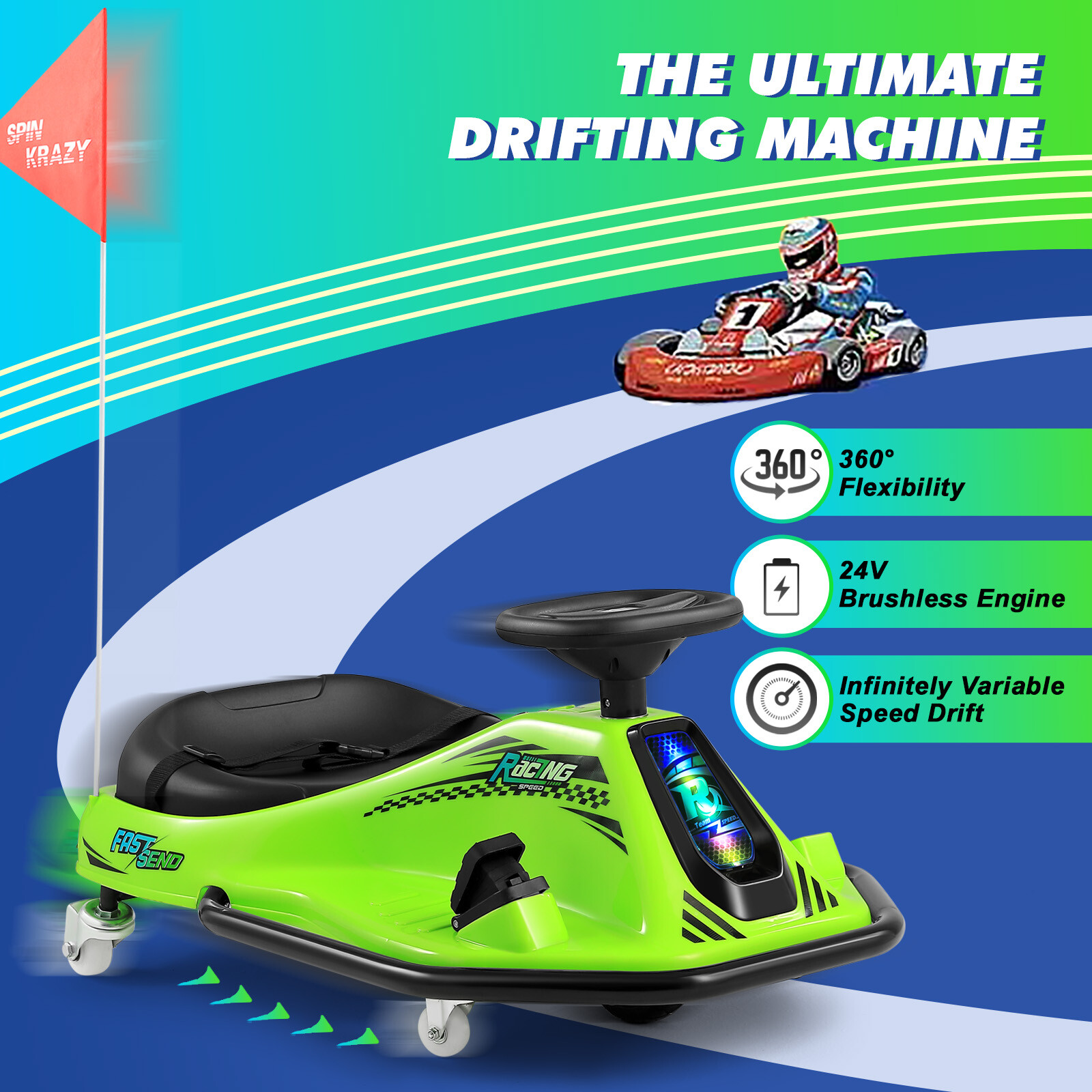 JOYLDIAS Green Electric 24V Ride On Drifting Go Kart High/Low Speed Boy Kid Gift