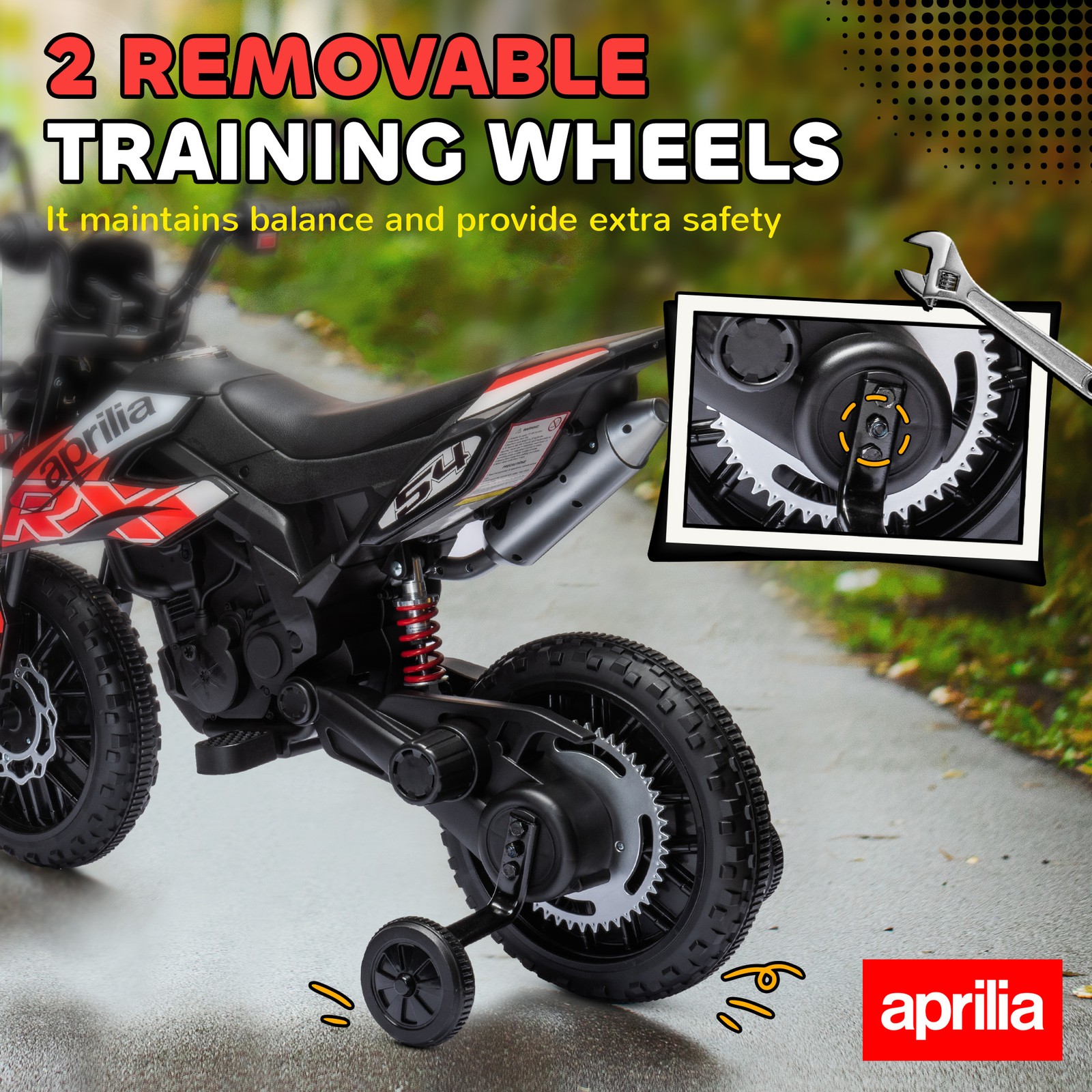 12V Aprilia Licenced Kids Motorcycle with Training Wheels, Red