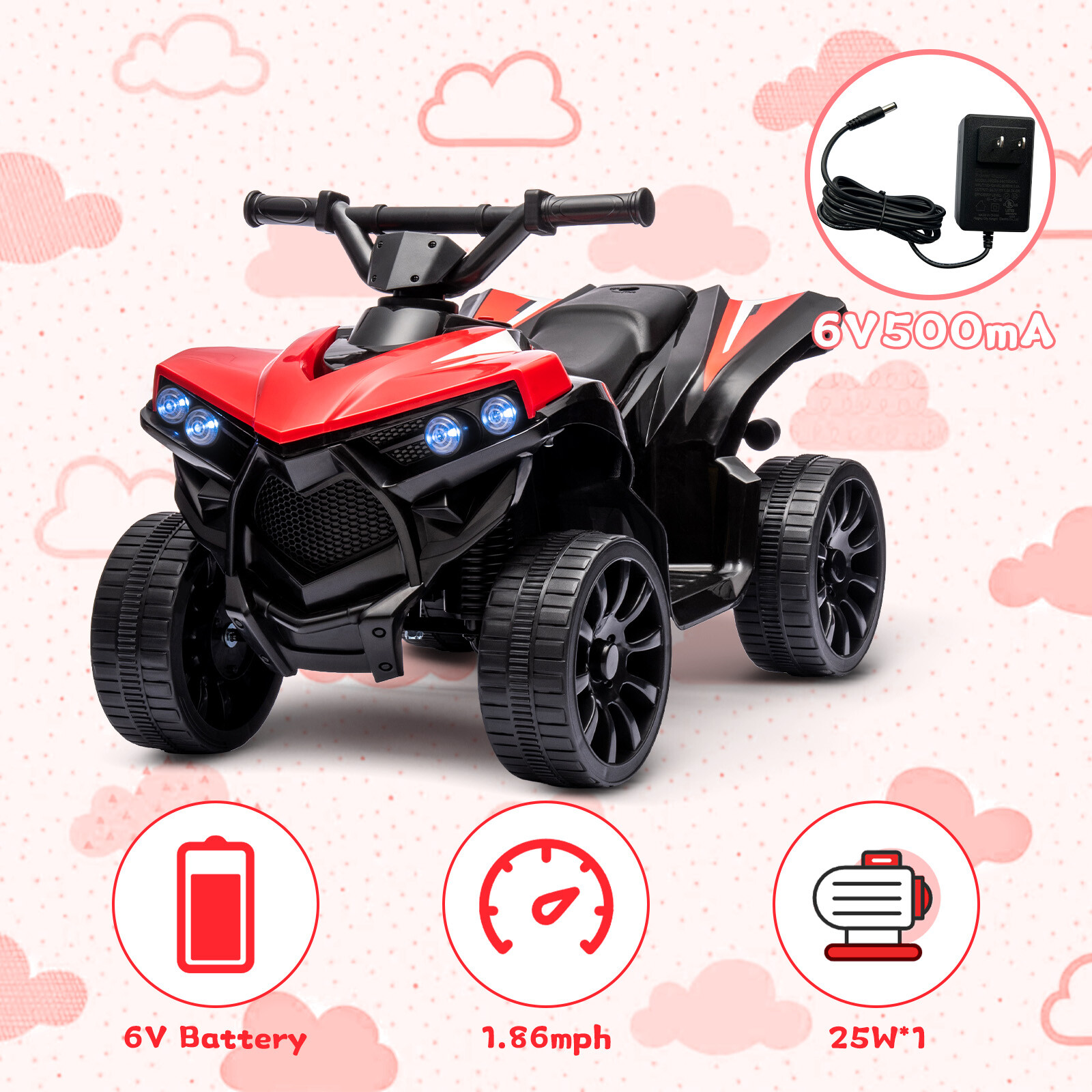 Kids Ride on Toy Car, 6V Battery Powered Quad Electric Vehicle with LED Lights