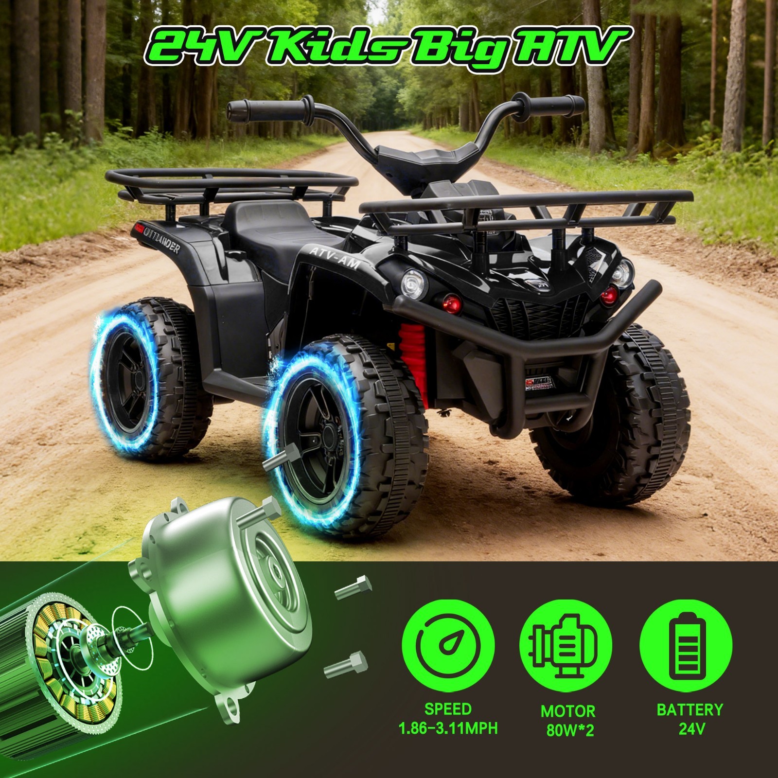 24V Kids Ride On ATV, 160W Off-Road Toys w/LED, Dual Storage Racks,Black