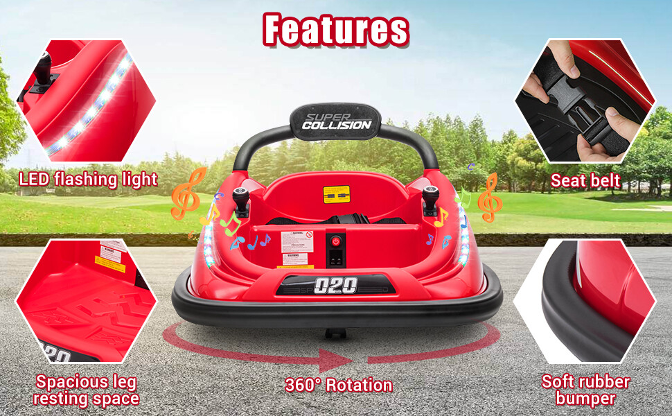 12V Kids Bumper Car Twins Motor, w/ Parent Remote Control Light 360° Rotation