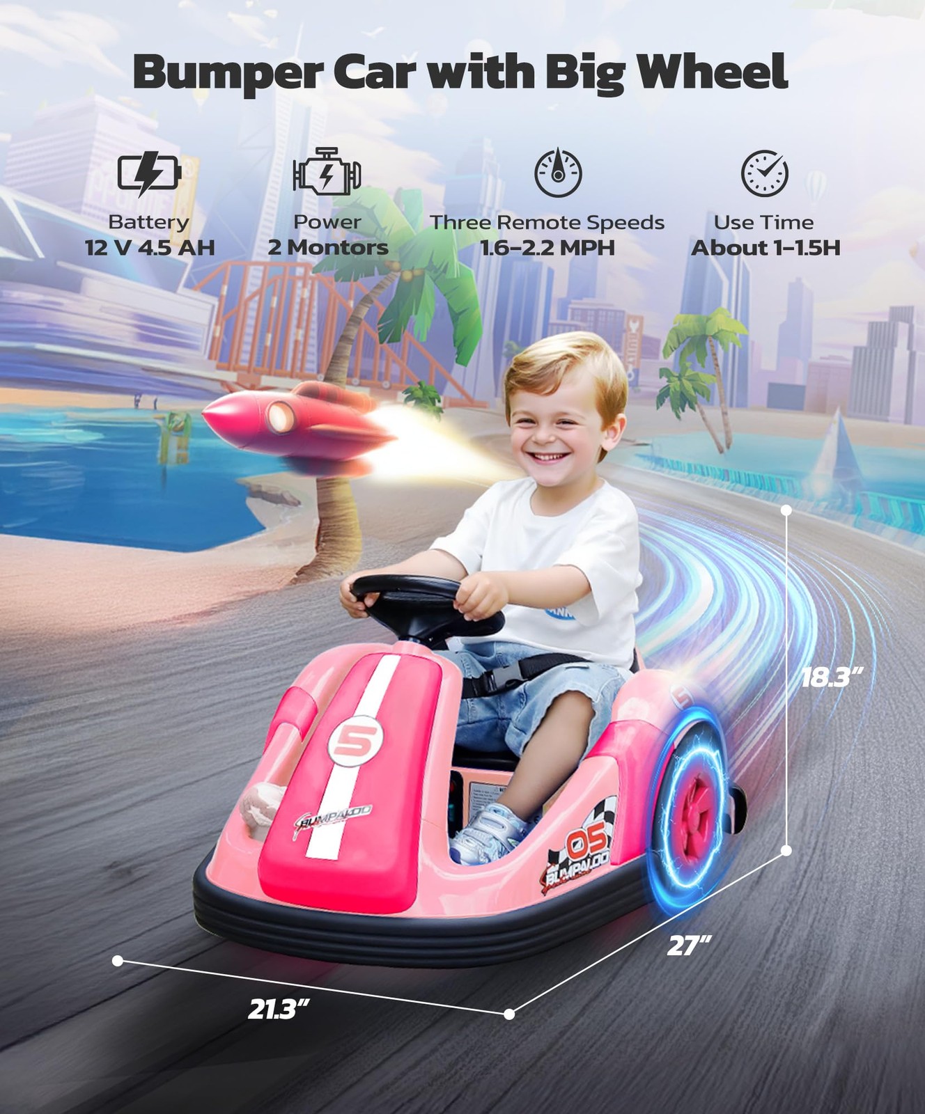 Toddler Bumper Car with Big Wheels, 2.2 Mph, Ride On Toys for Toddlers with D…