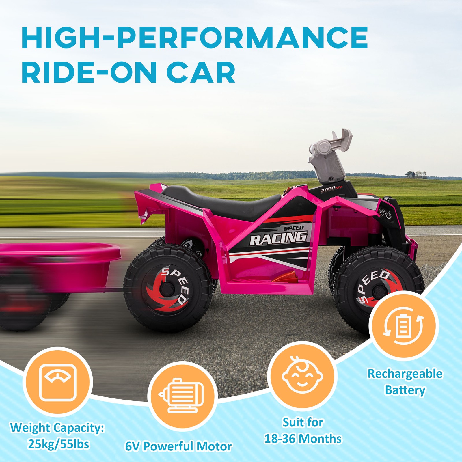 6V Kids ATV Quad Car with Back Trailer, Forward Backward Pink