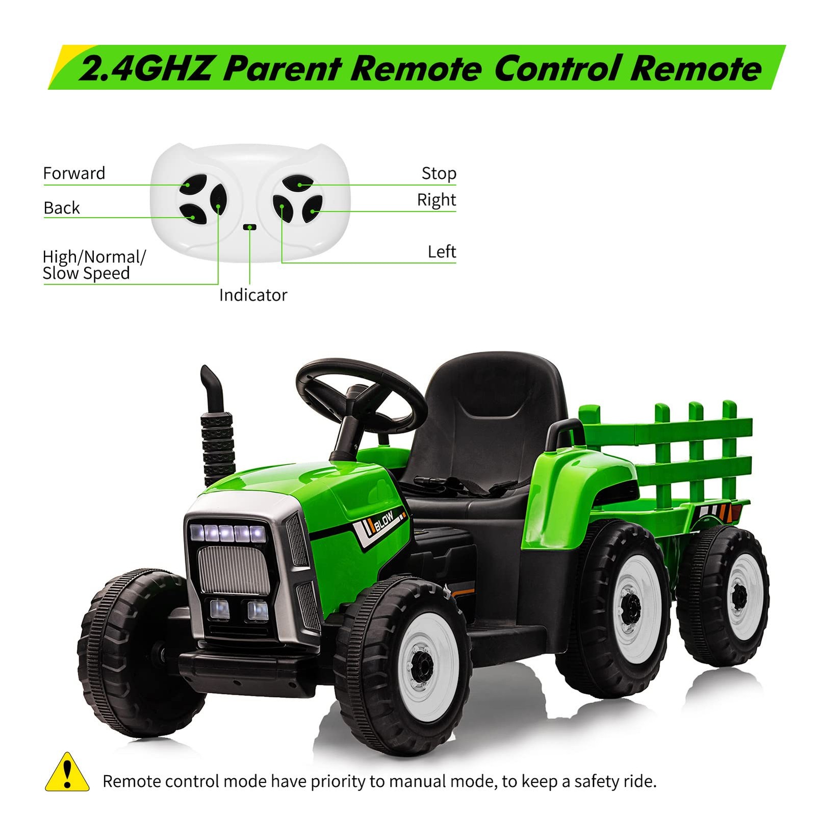 12V Battery Powered Electric Tractor with Trailer, Toddler Ride On Car w/Remote