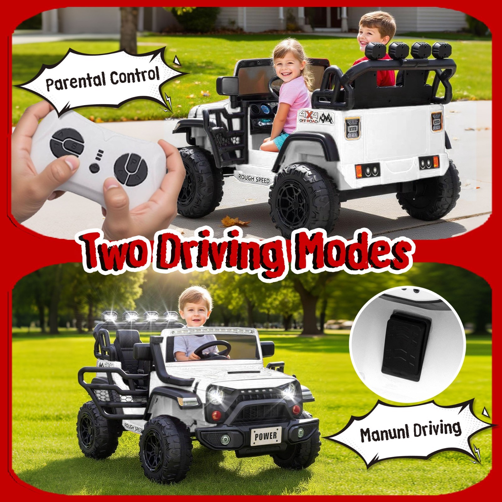 24V 2 Seater Electric Car Ride on Truck for Kids w/Remote,Power Wheels Jeep,Whit