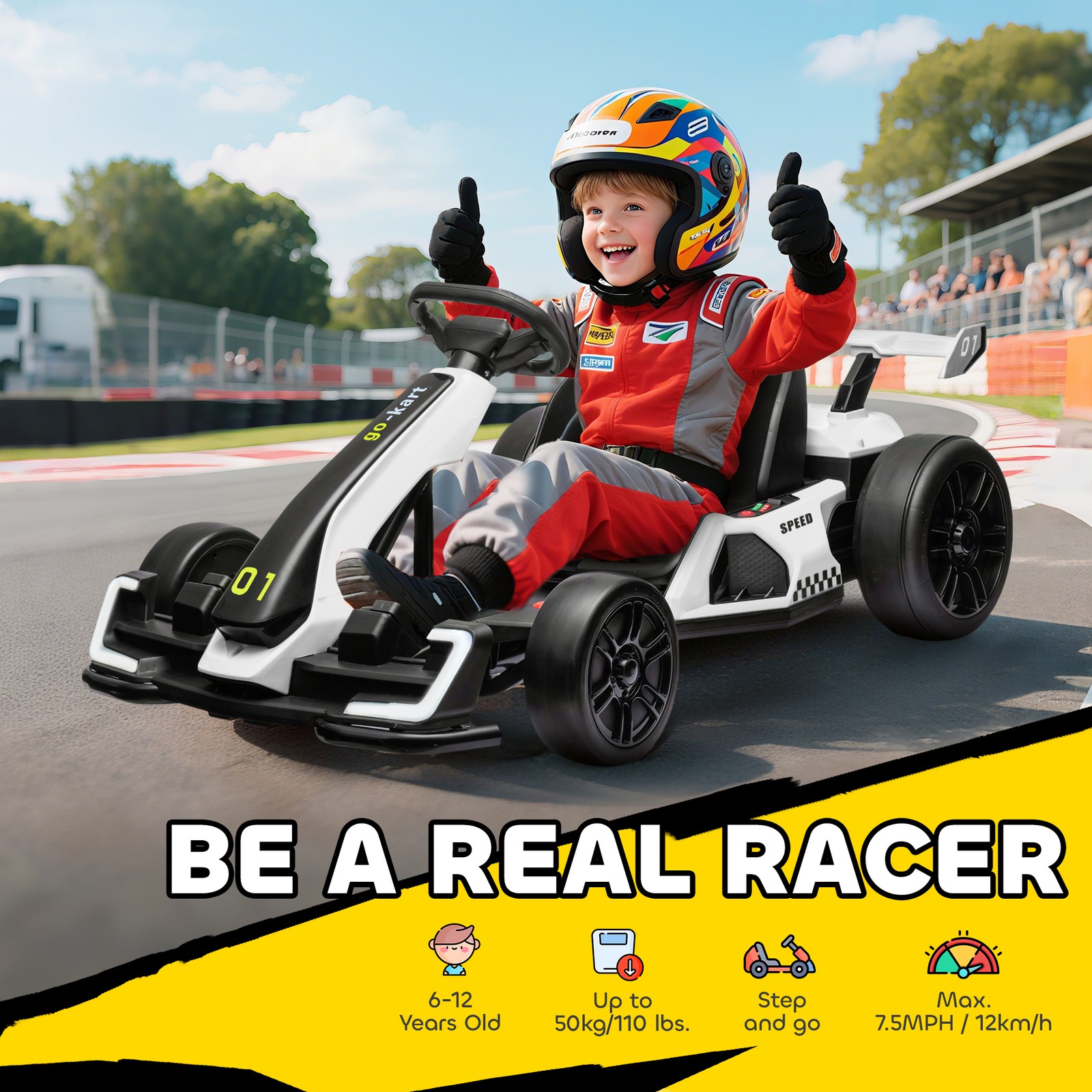 24V 7.5 MPH Electric Go Kart with Adjustable Seat, Slow Start, White