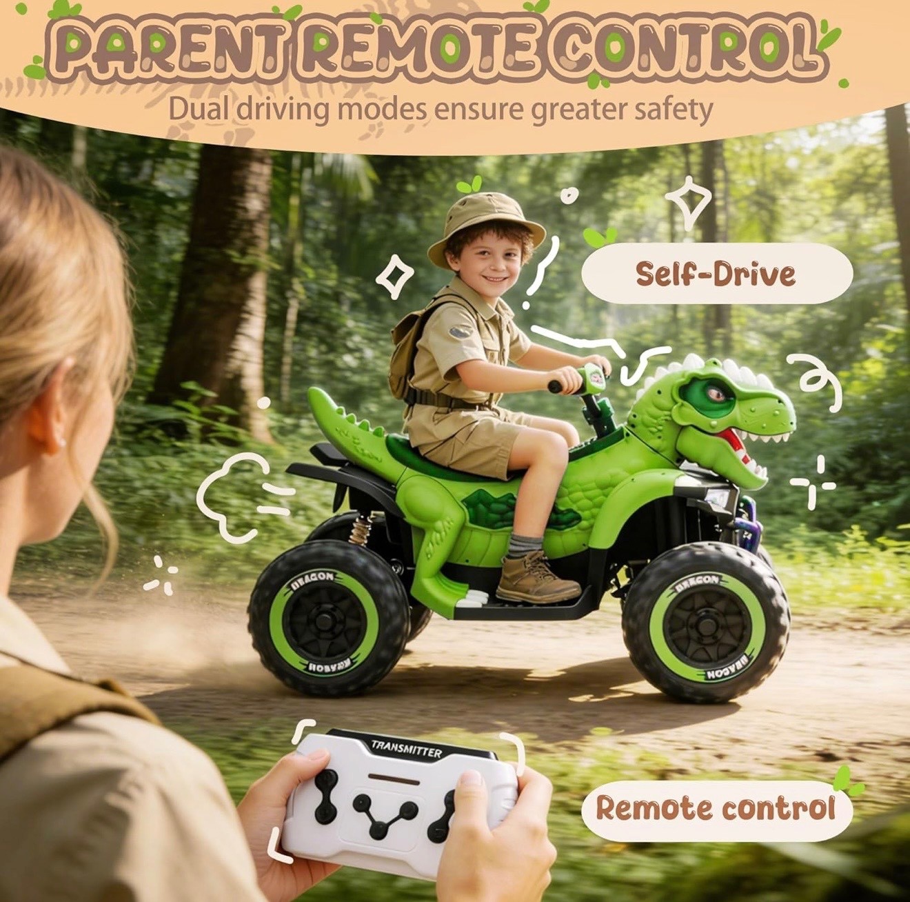 24V Dinosaur Ride On ATV for Kids, Electric 4 Big Wheel Car w/ MUSIC,BT and LED