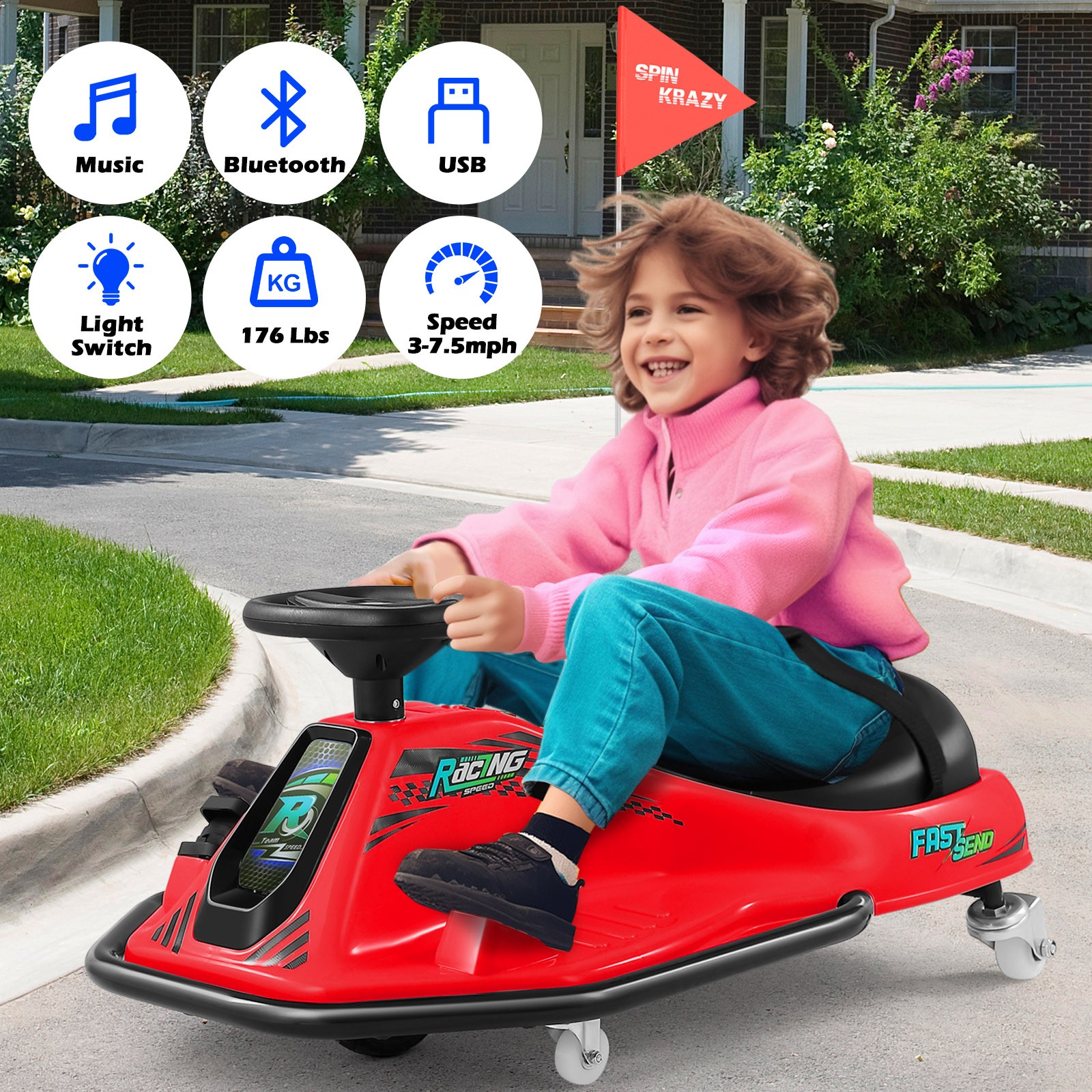 Red 24V Powered Kids Electric Drift Go Kart Ride On Car with Music,USB,Bluetooth