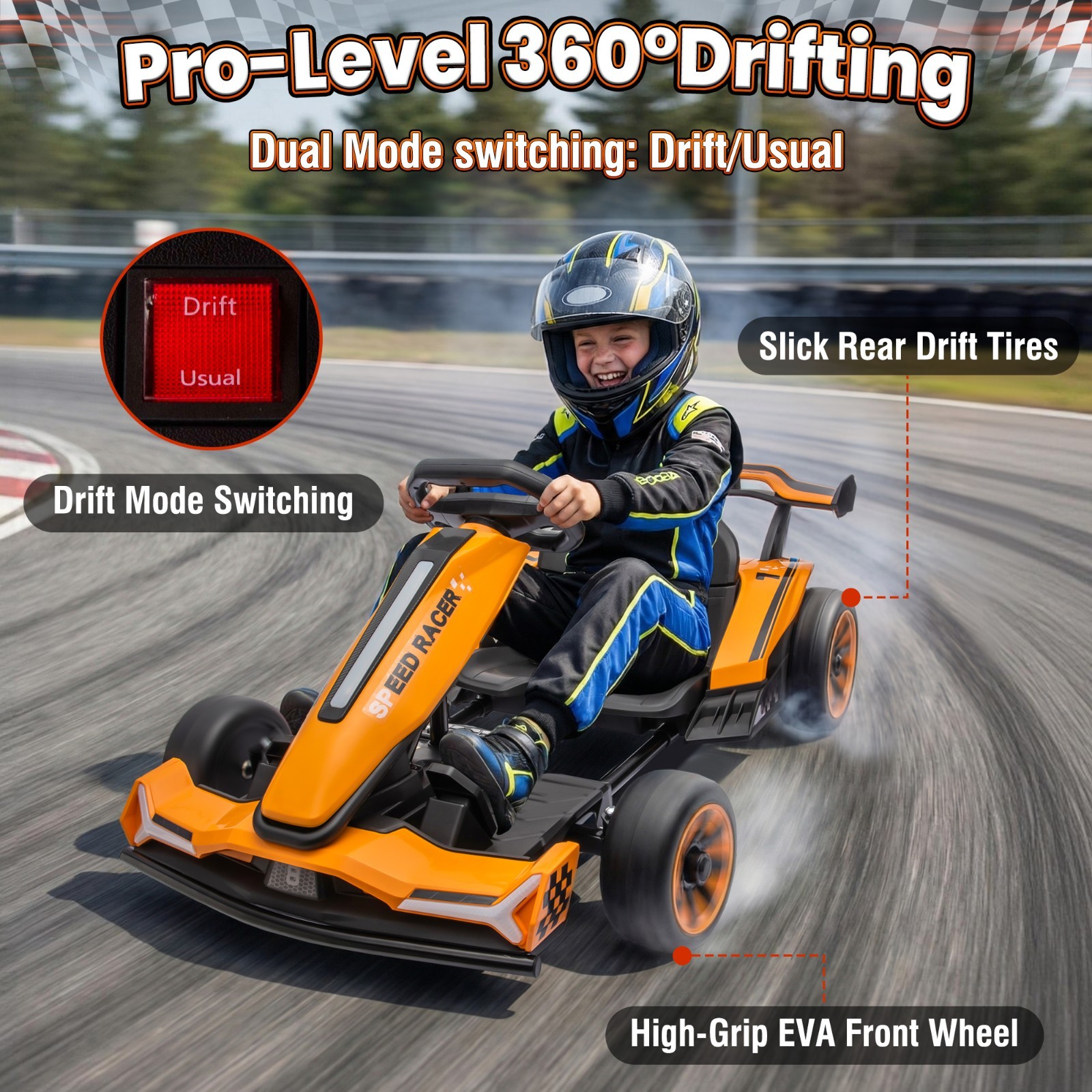 24V 10Ah Kids Drift Go Kart Dual Motor Adjustable Frame LED Underglow Lights