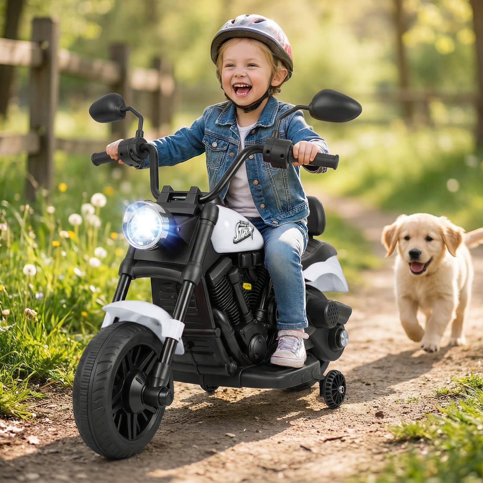 Kids Motorcycle w/Headlight, Music, Training Wheels, Foot Pedal for Boys Girls