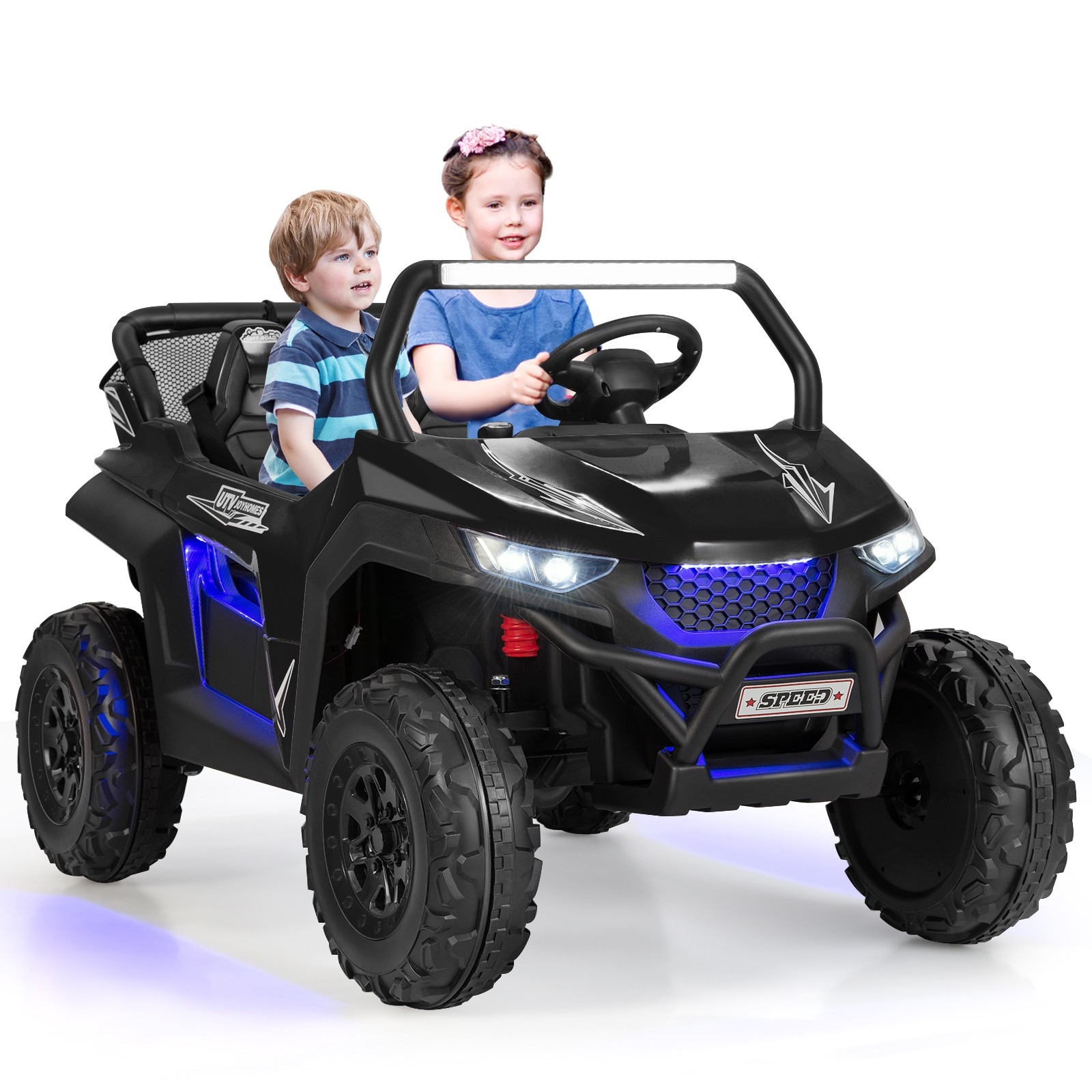 12V Ride on Truck w/ 3-Points Safety Belts & Lockable Doors up to 130 LBS Black