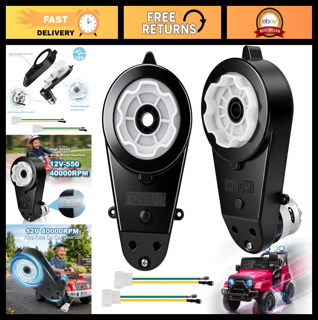 High-Speed 12V RS550 Motors for Kids Ride-On Car – 40000RPM Gearbox, 2Pcs