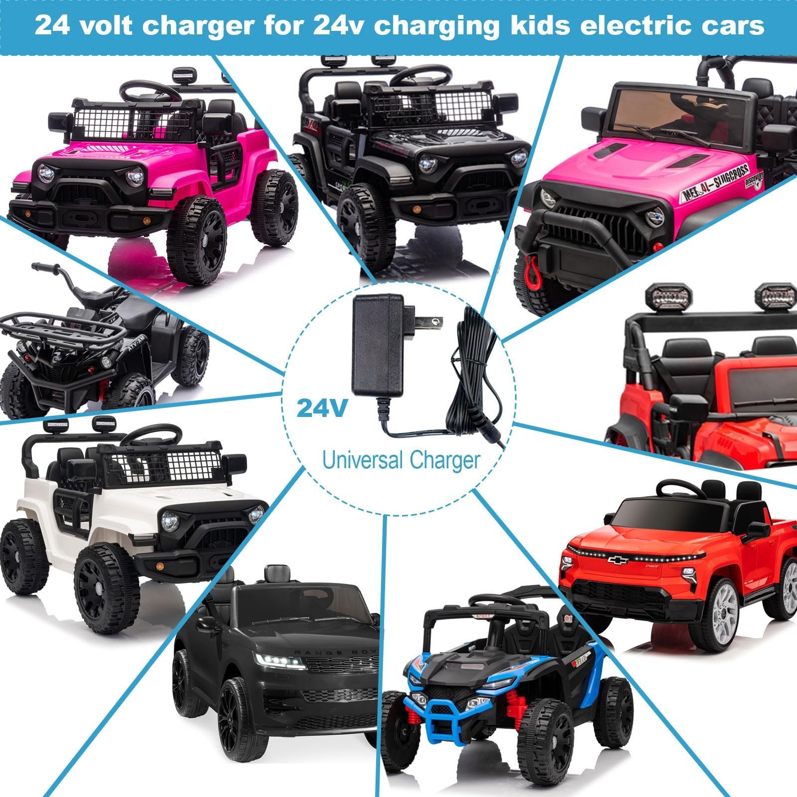 24V Charger for Kids Ride-On Cars, 70″ Long with Indicator Light, Universal Fit