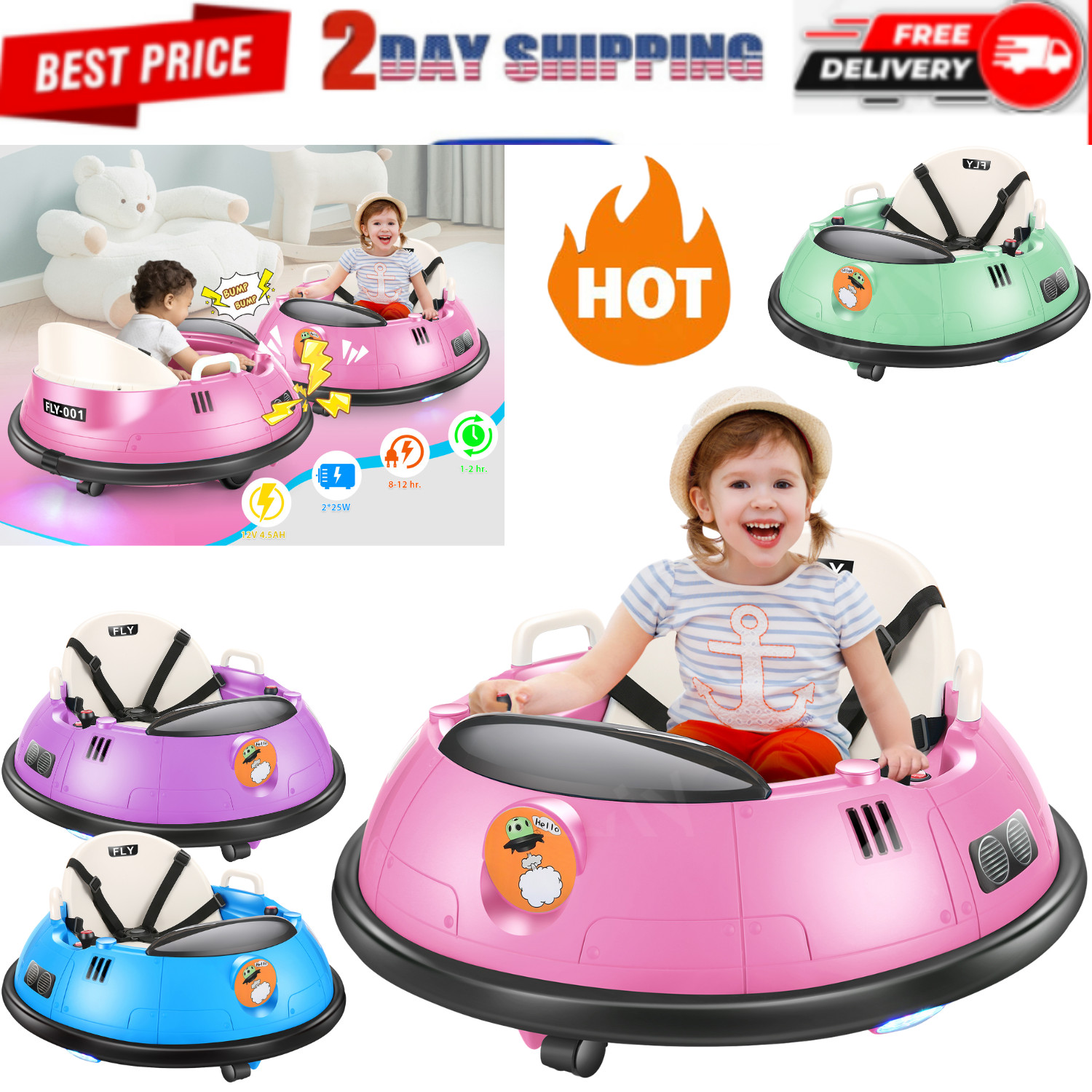 Toddler Bumper Car 12V Electric Bumper Car for Kids +Remote Control Bumping Toy-
