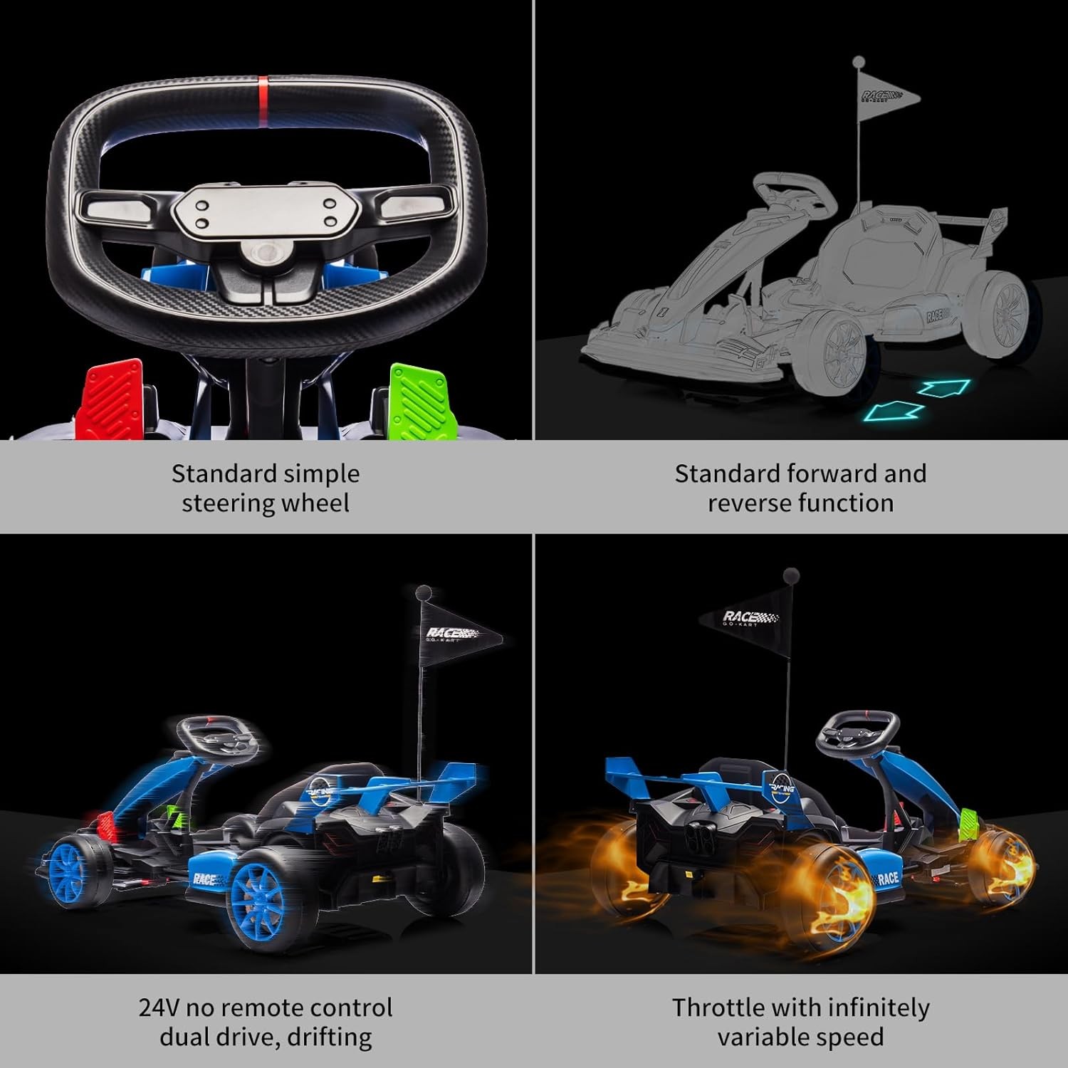 24V Drift Cart for Kids, Dual Motors, Electronic Brake, Adjustable Seat,Foldable