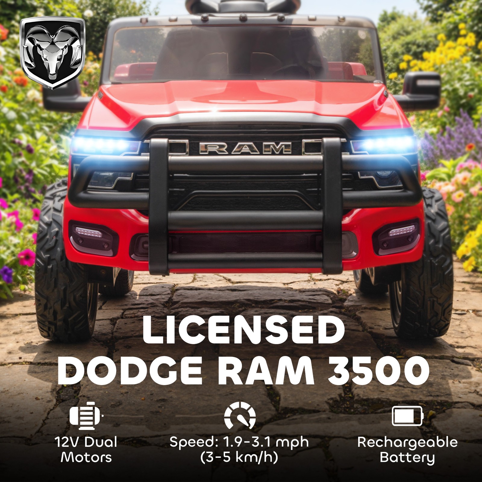 Qaba 12V Licensed Dodge RAM 3500 Kids Ride on Car with Dual Motors, Red