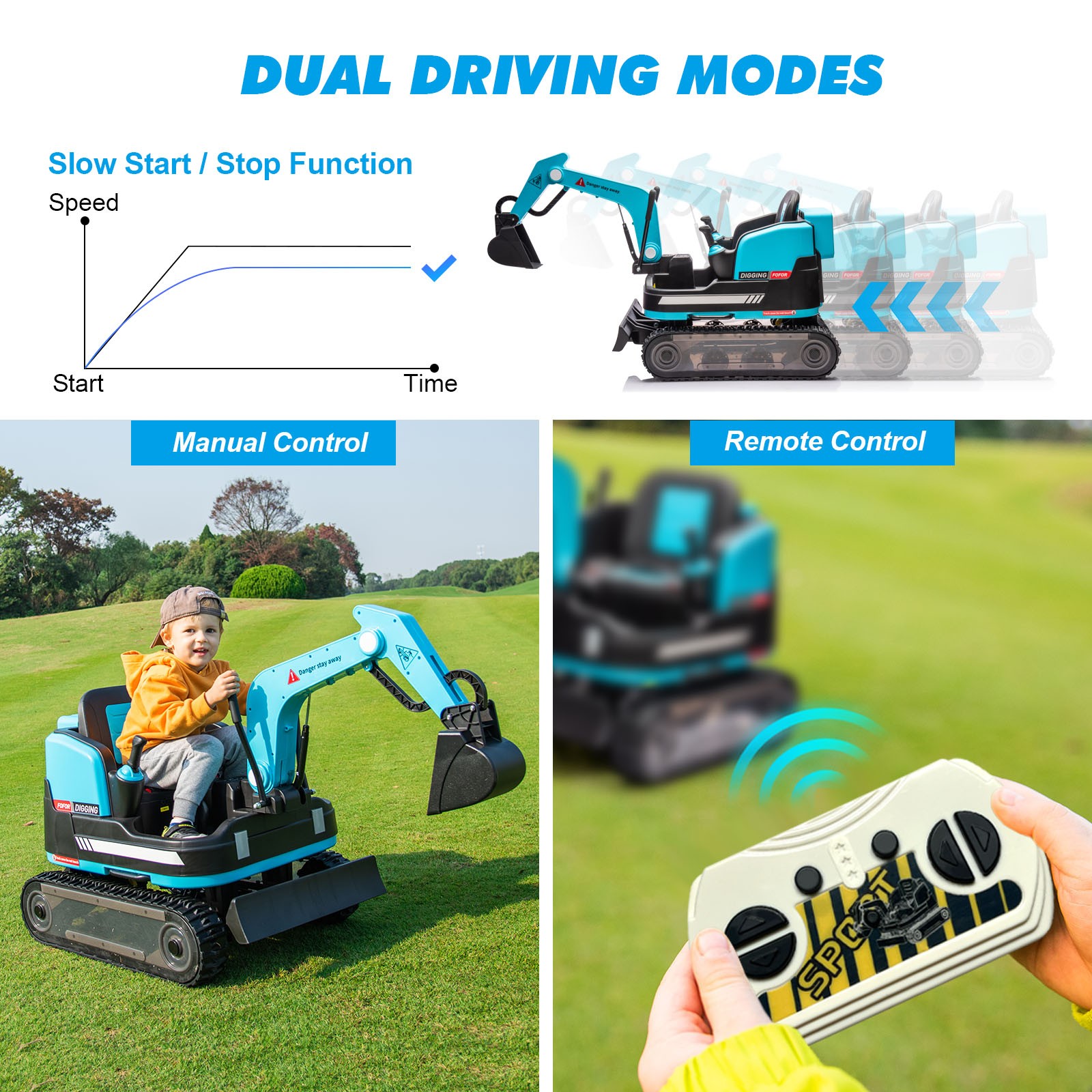 JOYLDIAS Blue 360° 12V Battery Kids Ride On Excavator & Bulldozer w/MP3,Remote