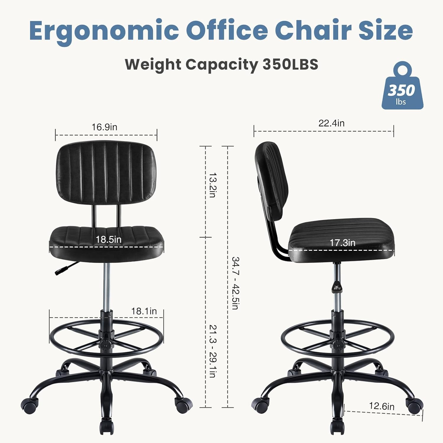 Armless Drafting Chair, Low Back Office Seat with Adjustable Footrest Ring for S