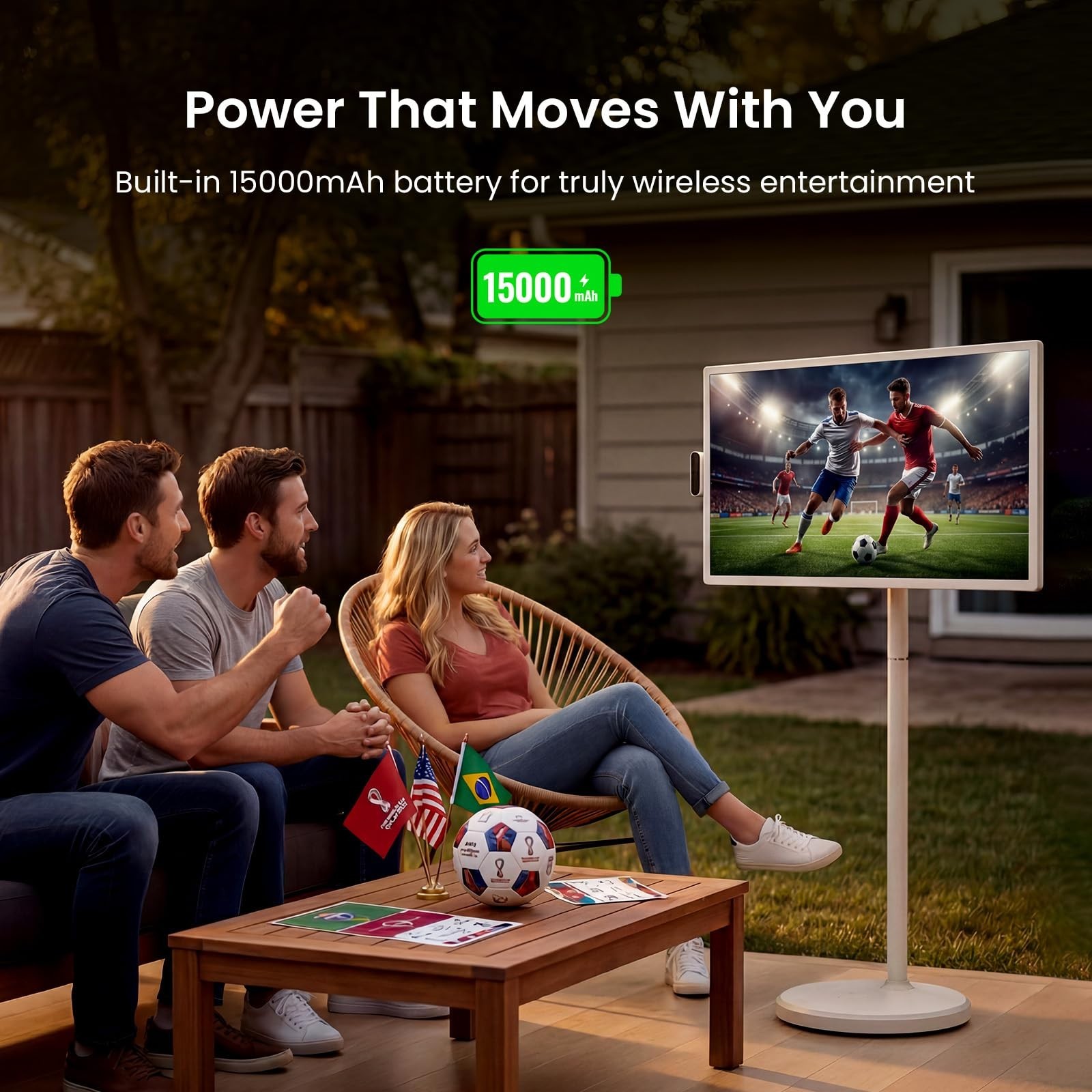 32″ FHD Smart Portable TV on Wheels, Android, 128GB Storage, 15000mAh Battery, T
