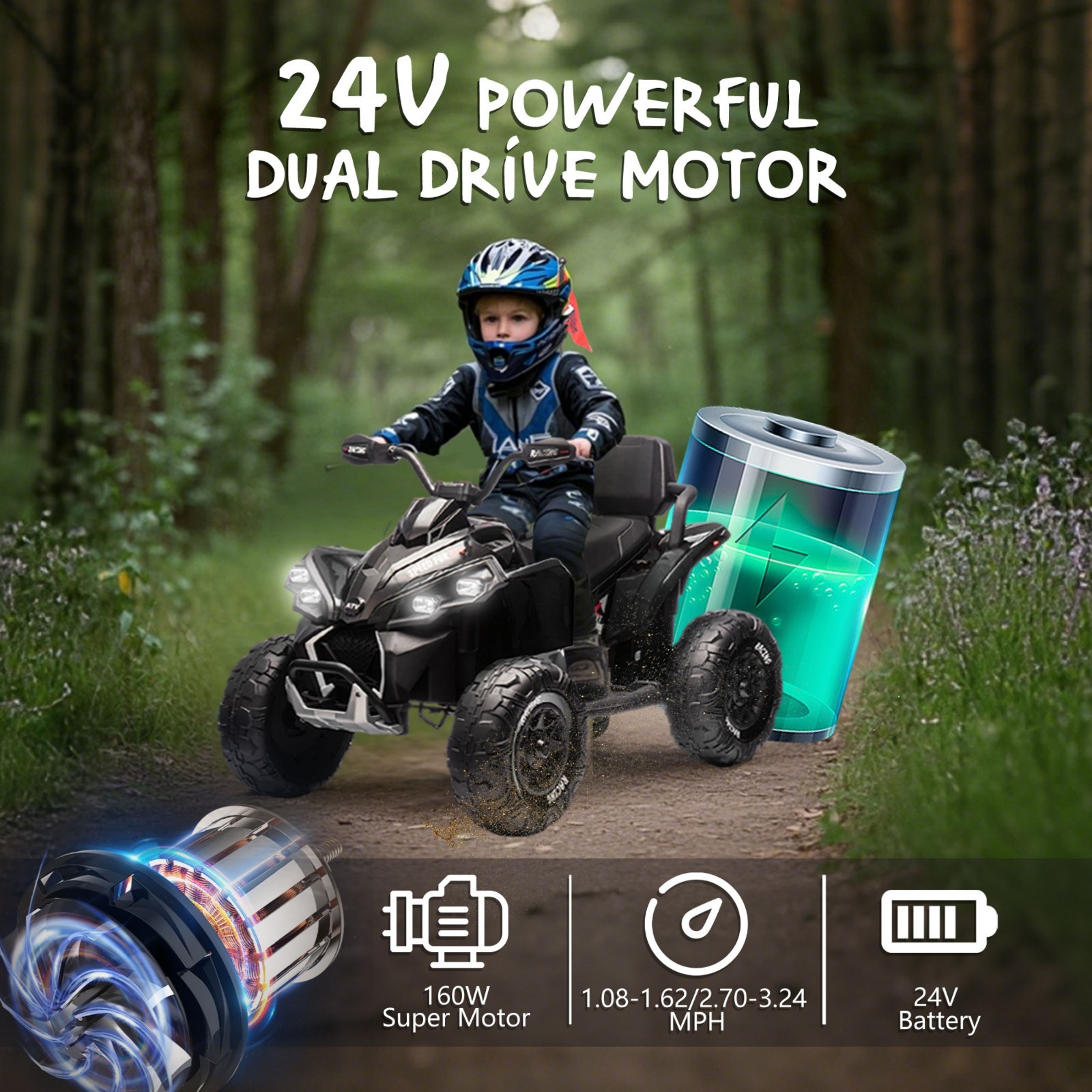 24V Kids Electric ATV Ride On Car W/Remote,LED,Battery Power Wheels Toys,Black