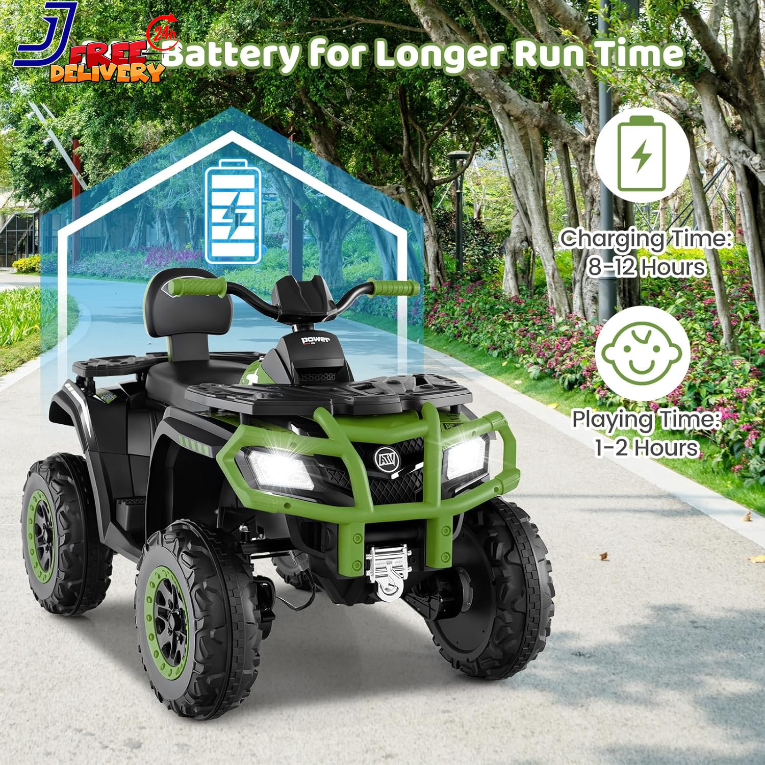 24V 2 Seater Ride on ATV, 4WD Motor, 5Mph Max Speed, Bluetooth, 4 Wheeler Off-Ro
