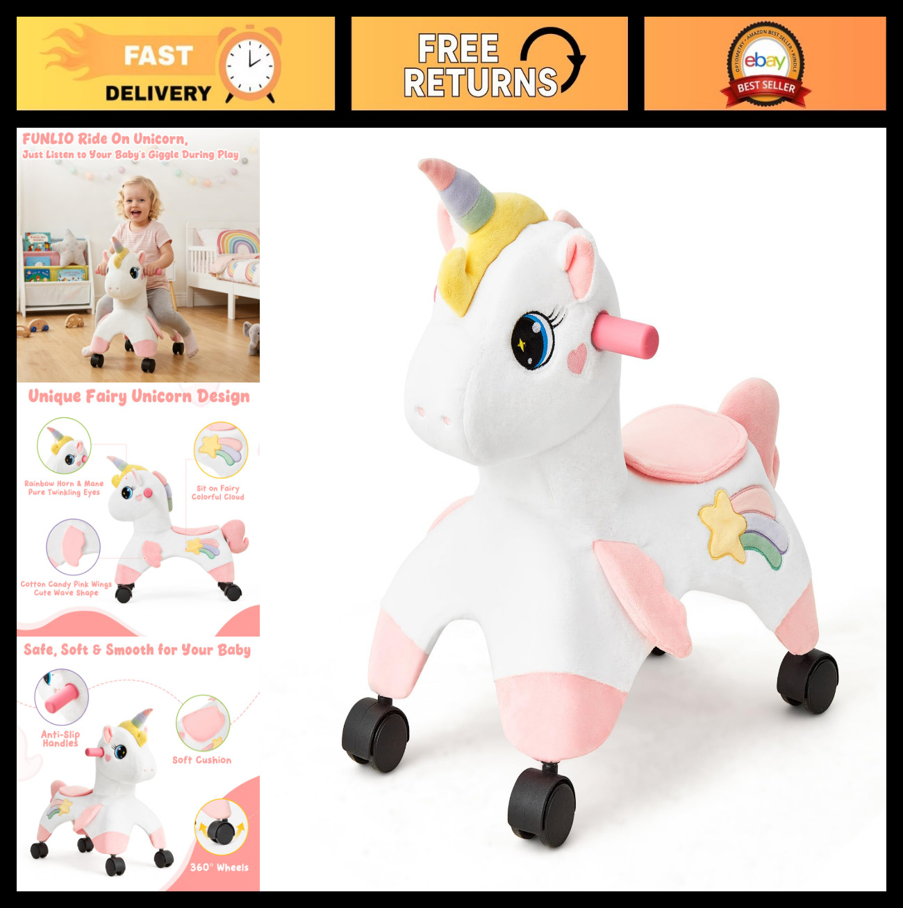 Unicorn Ride-On Toy for Toddlers, 360° Wheels, Balance & Coordination Bike, Indo