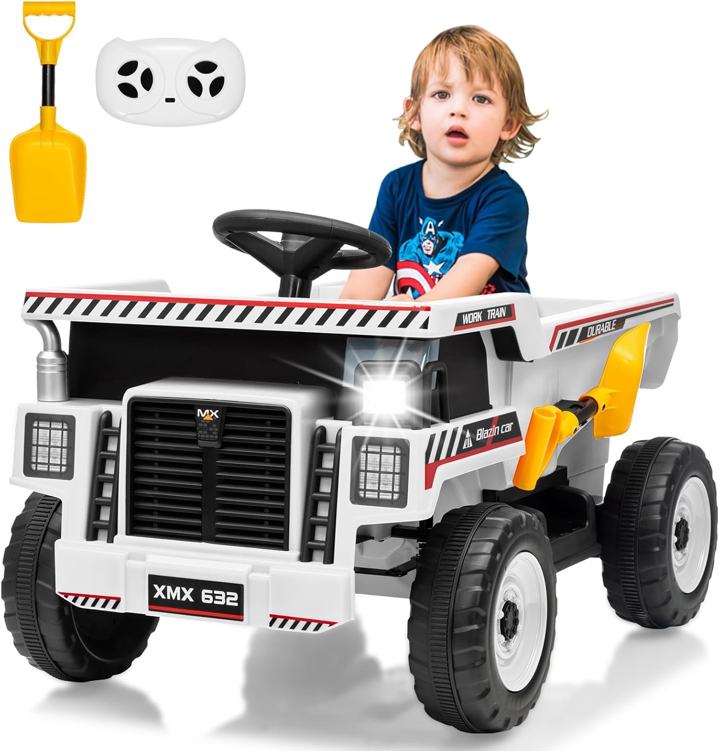 12V Ride On Dump Truck w/ Remote, Auto-Dump Bed, Shovel & Music for Kids 3-8