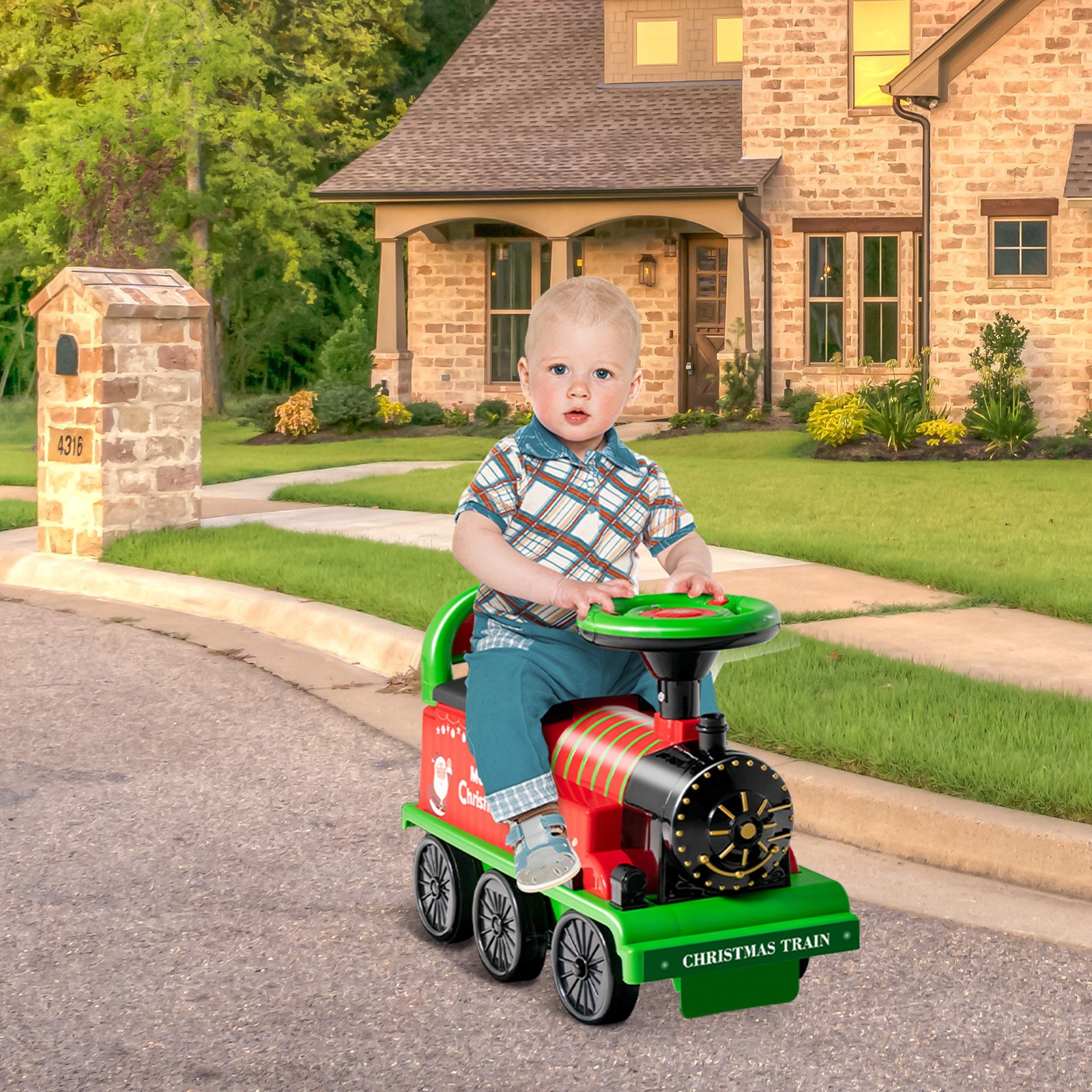 6V Electric Kids Motorized Train Toy with Unique Train Outlook & Stickers Green