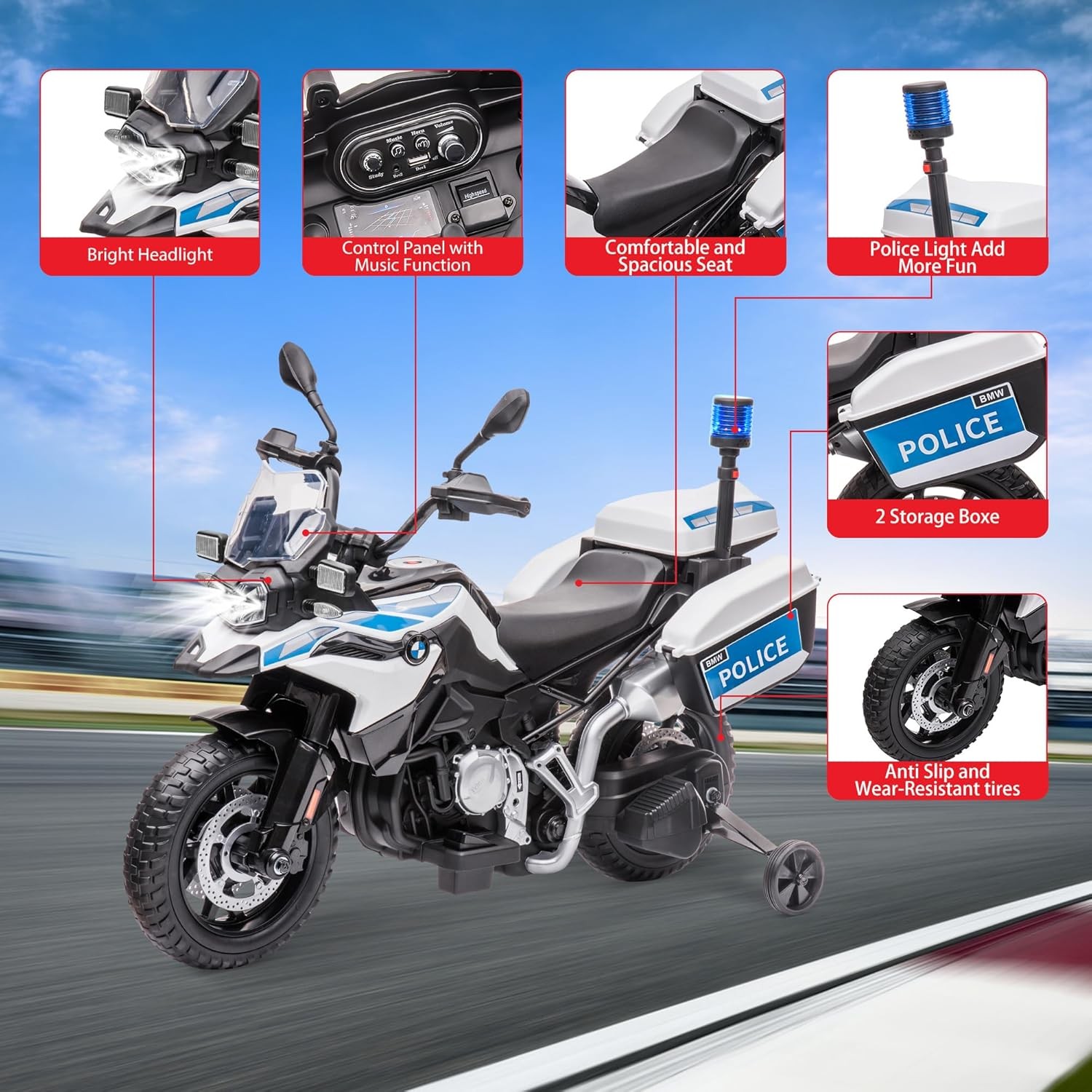 BMW Licensed Police Motorcycle for Kids, 12V W/ Training Wheels, Lights & Music