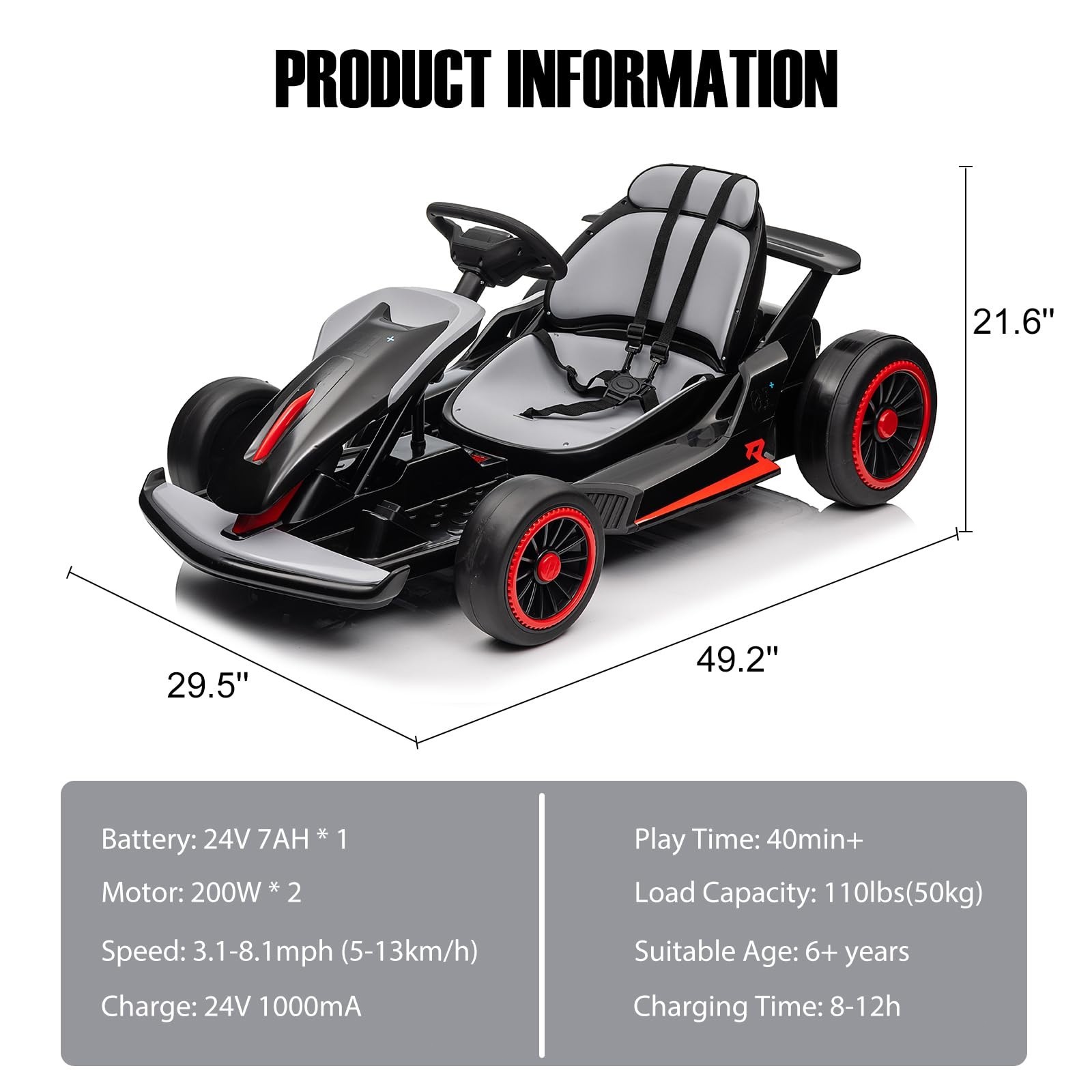 24V Go Kart for Kids Child Electric Drift Go Cart With Music 5-Point Safety Belt