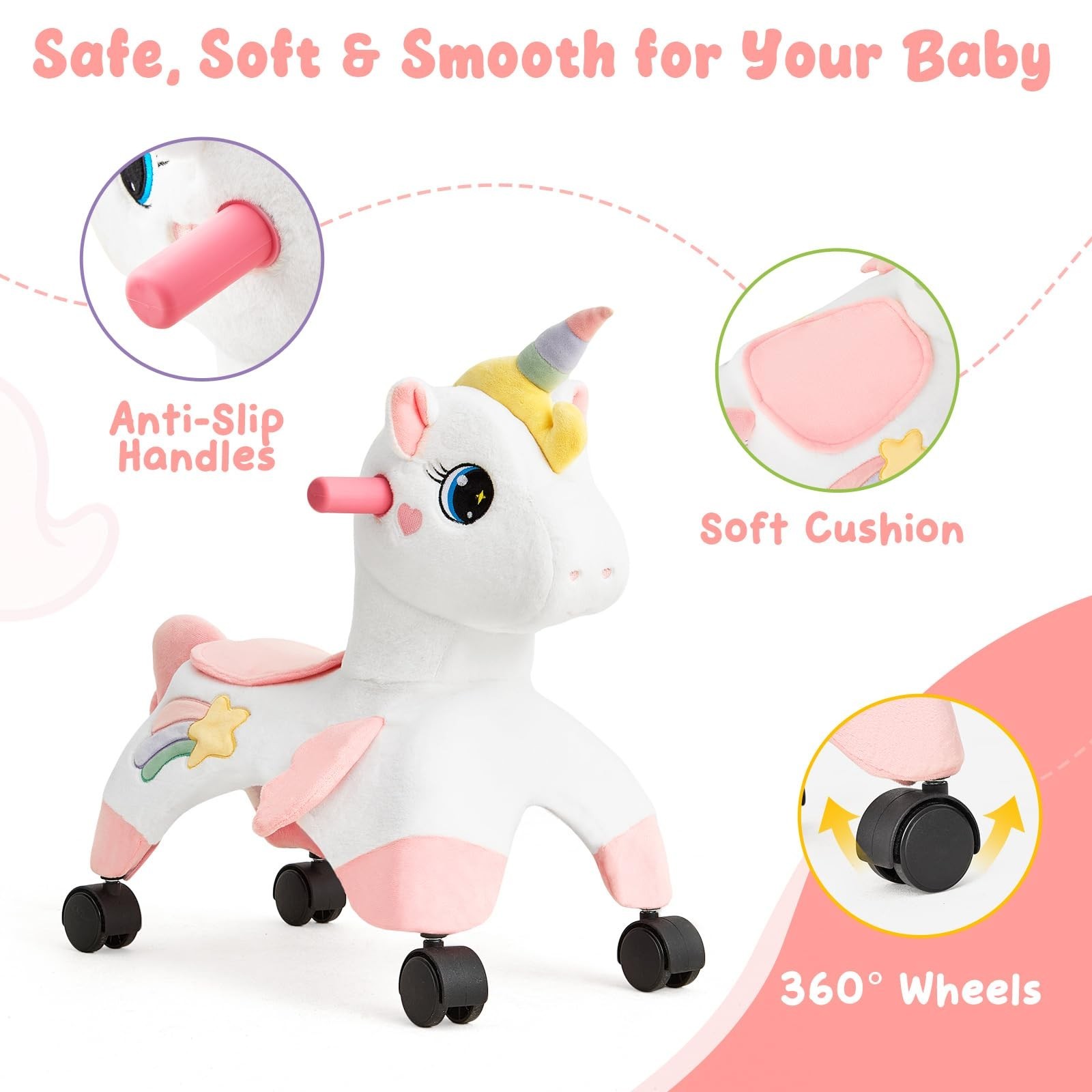 Unicorn Ride-On Toy for Toddlers, 360° Wheels, Balance & Coordination Bike, Indo
