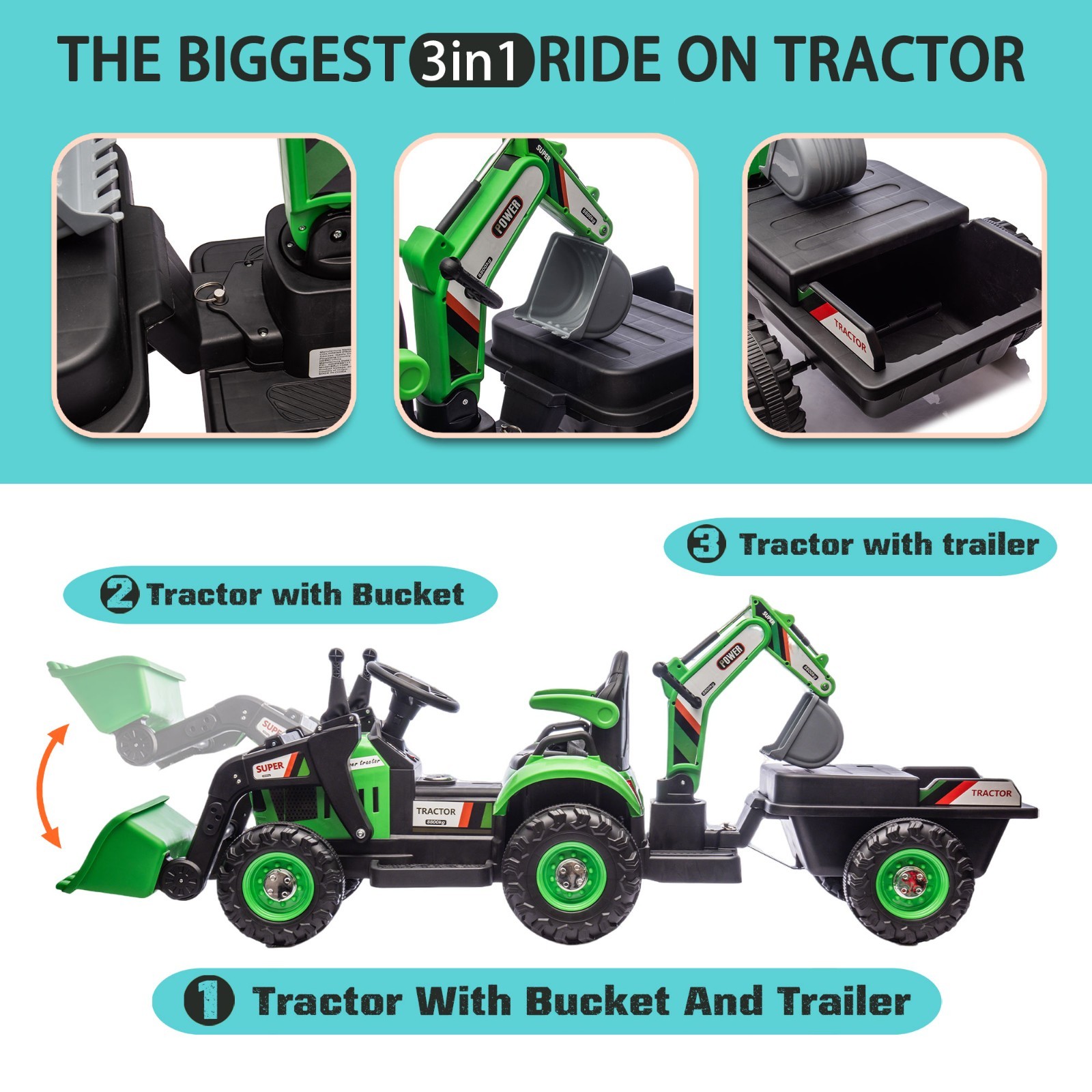 24V Kids Ride On Tractor Electric Car w/Remote, LED Tail-light,3 Speed Toy,Green