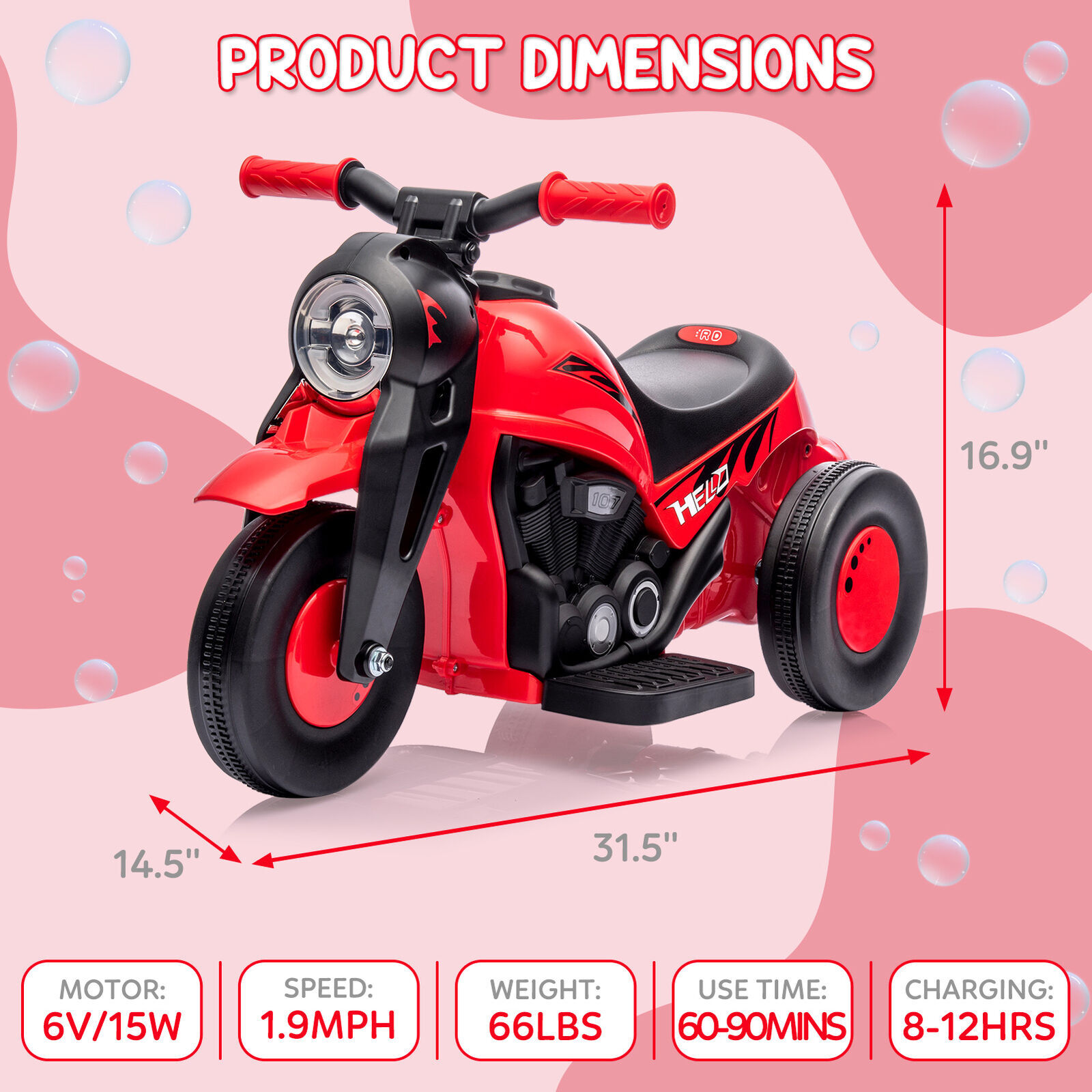6V Kids Ride On Motorcycle 3 Wheel Trike with Headlight and Pedal for Kids 3-8
