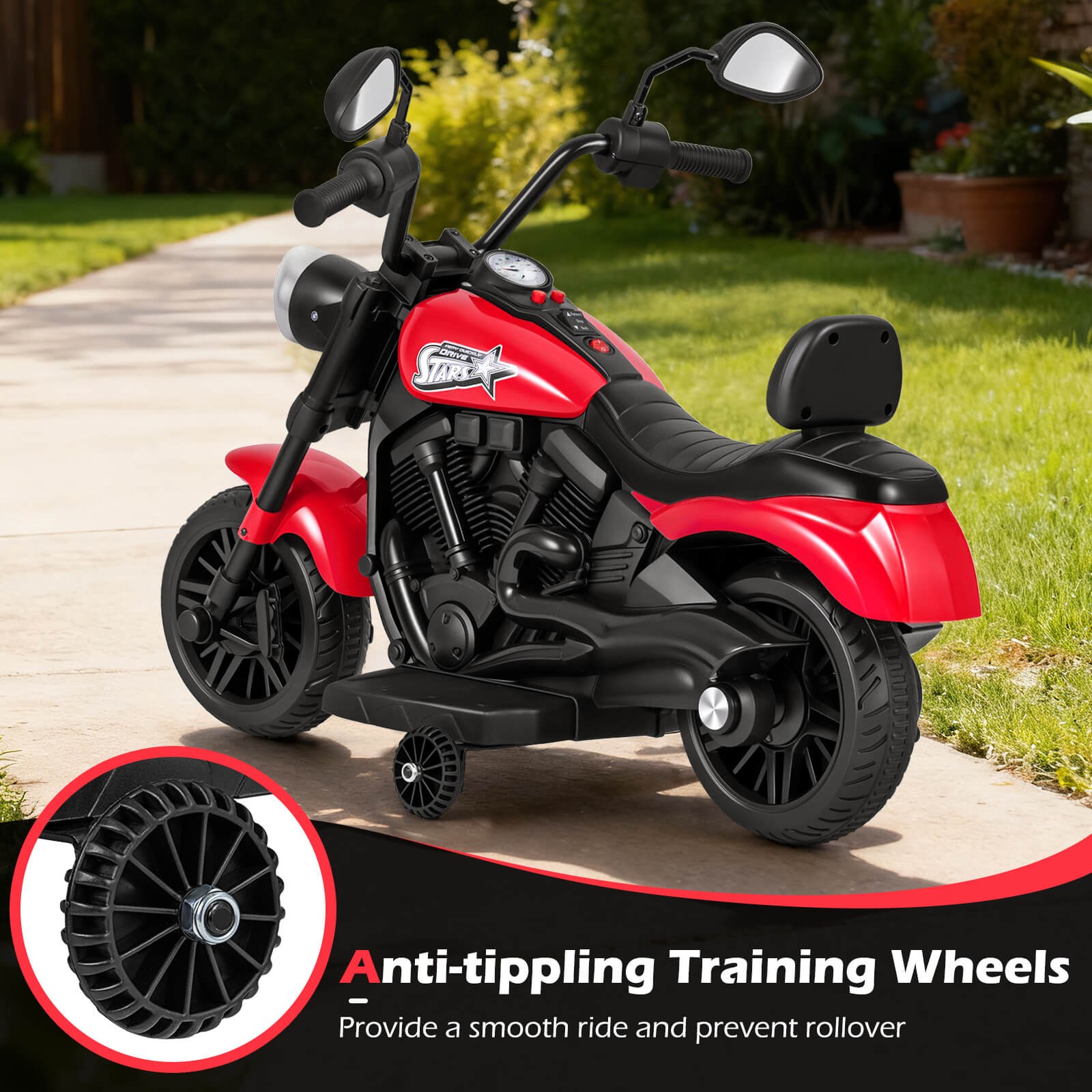 Kids Motorcycle w/Headlight, Music, Training Wheels, Foot Pedal for Boys Girls