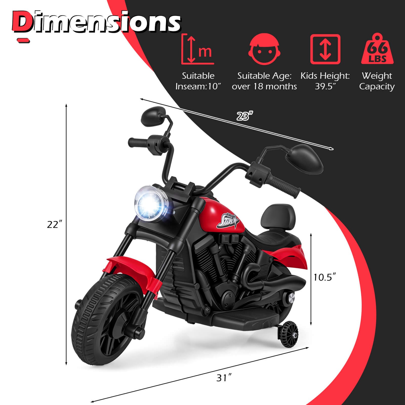 Kids Motorcycle w/Headlight, Music, Training Wheels, Foot Pedal for Boys Girls
