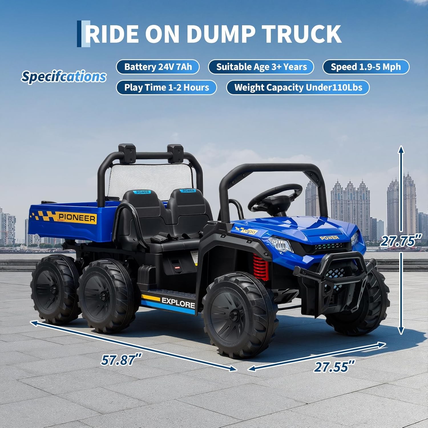 24V 4WD All-Terrain Kids Electric Ride-on Dump Truck 2-Seater with Remote Contro