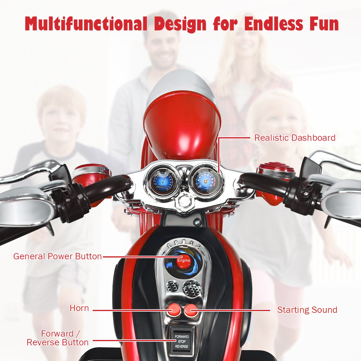 Honeyjoy 6V Kids Ride On Chopper Motorcycle 3Wheel Trike w/ Headlight & Horn Red