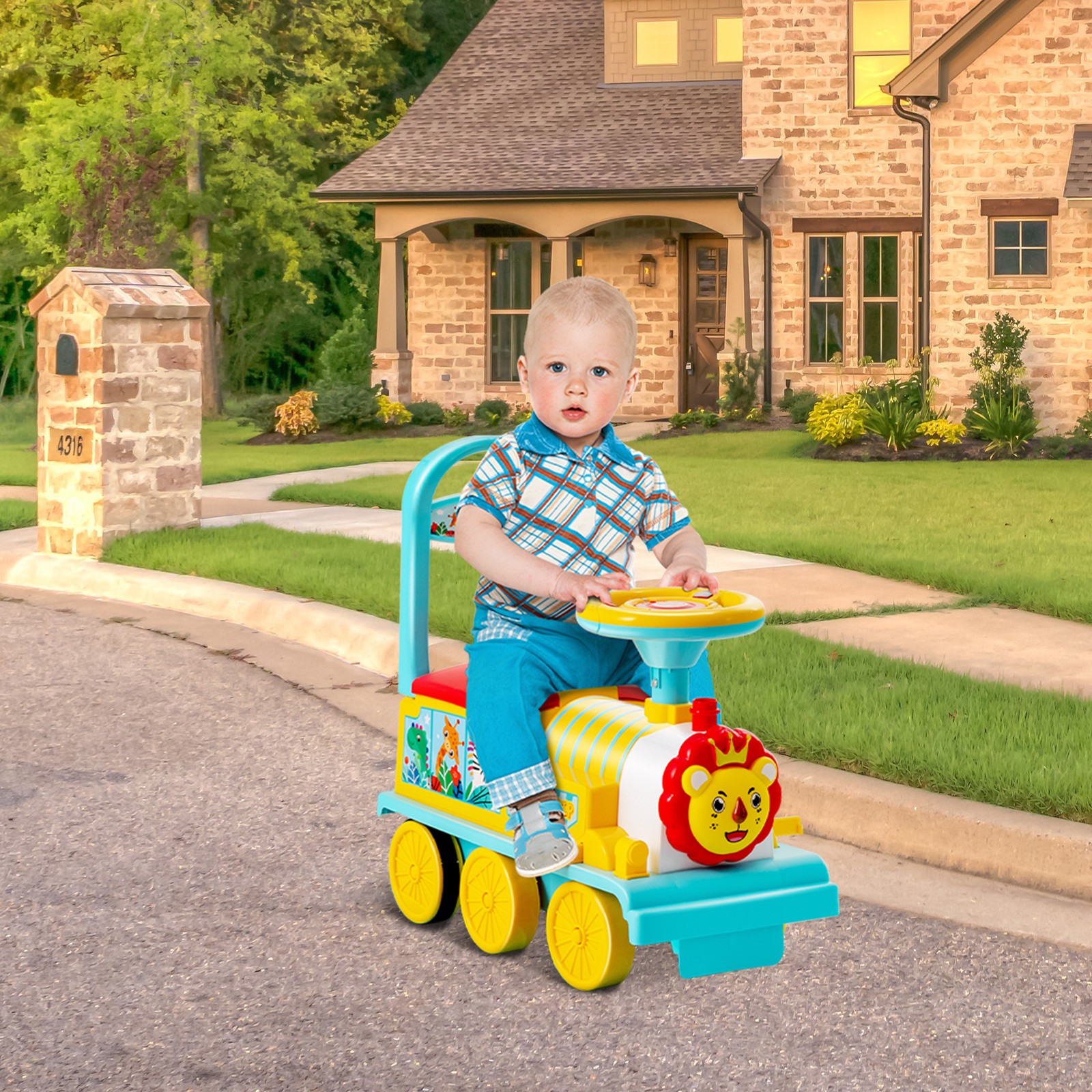 6V Electric Kids Motorized Train Toy with Unique Train Outlook & Stickers Blue