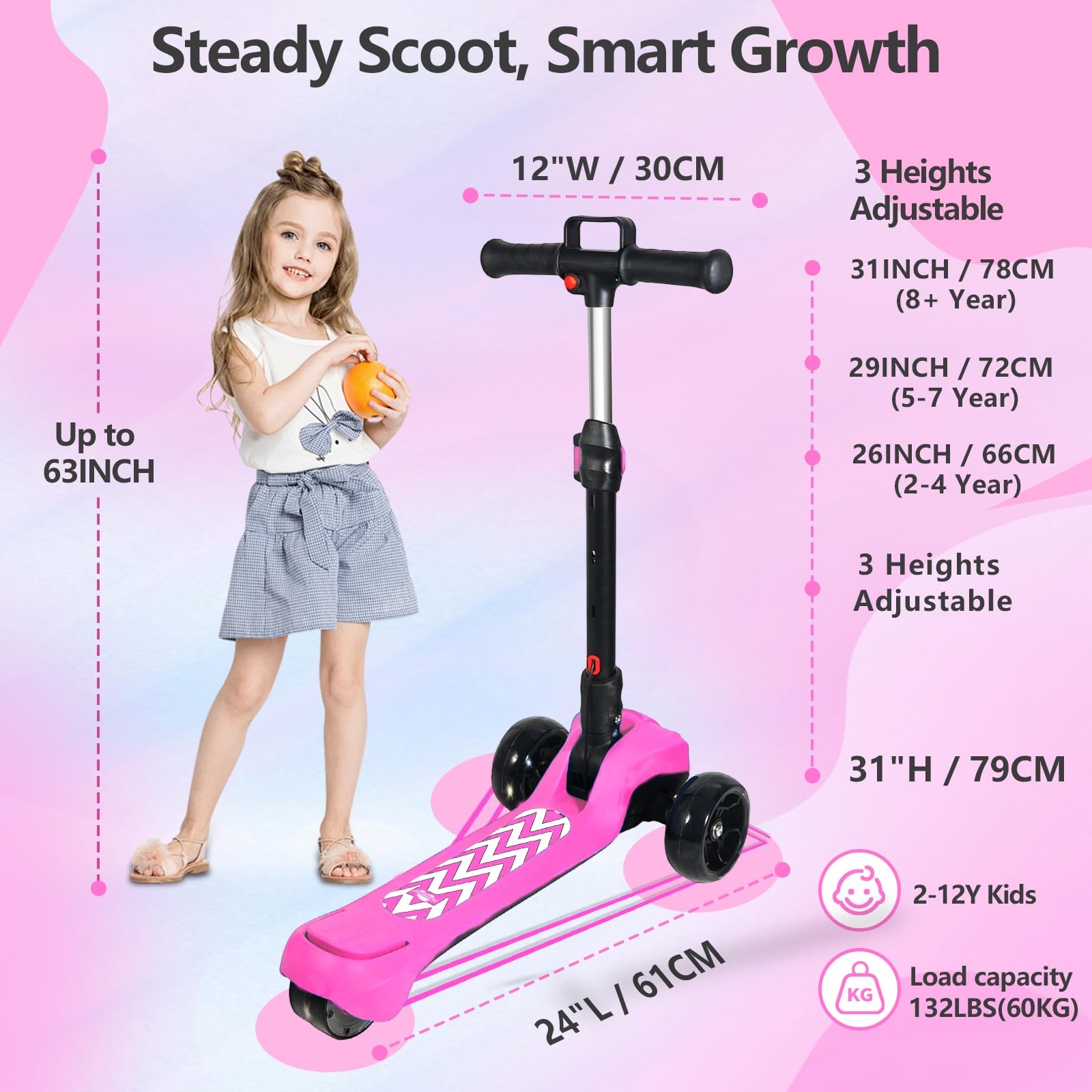 Electric Scooter for Kids Ages 3-12, Full Body Lights Up, Wide Deck, 3 Adjust…