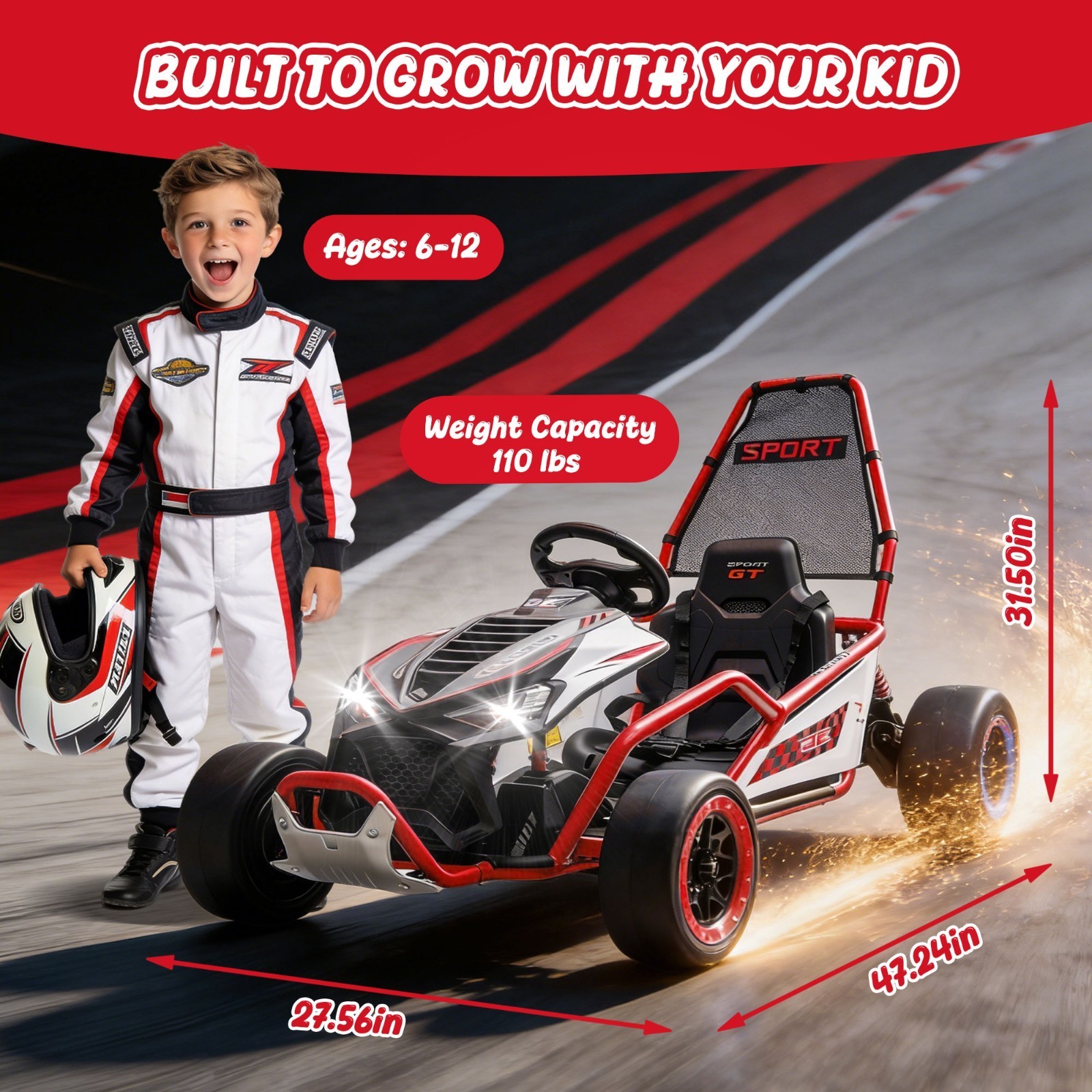 24V 400W Kids Go Kart Electric Drift Car 5-7.5MPH with Music 5-Point Safety Belt