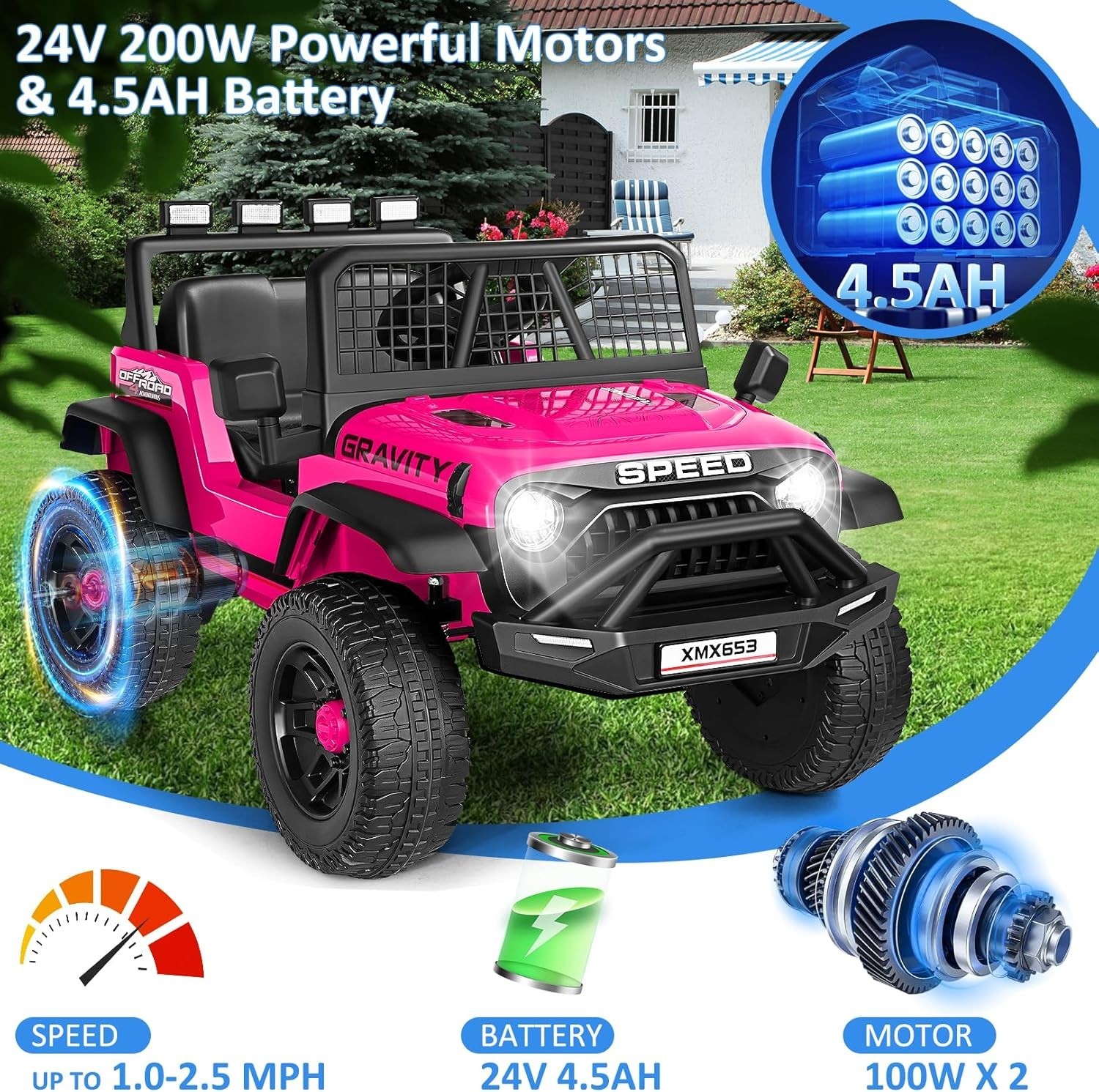 24V Kids Ride on Car with Remote Control LED Lights, 3 Speeds Electric Car Gift