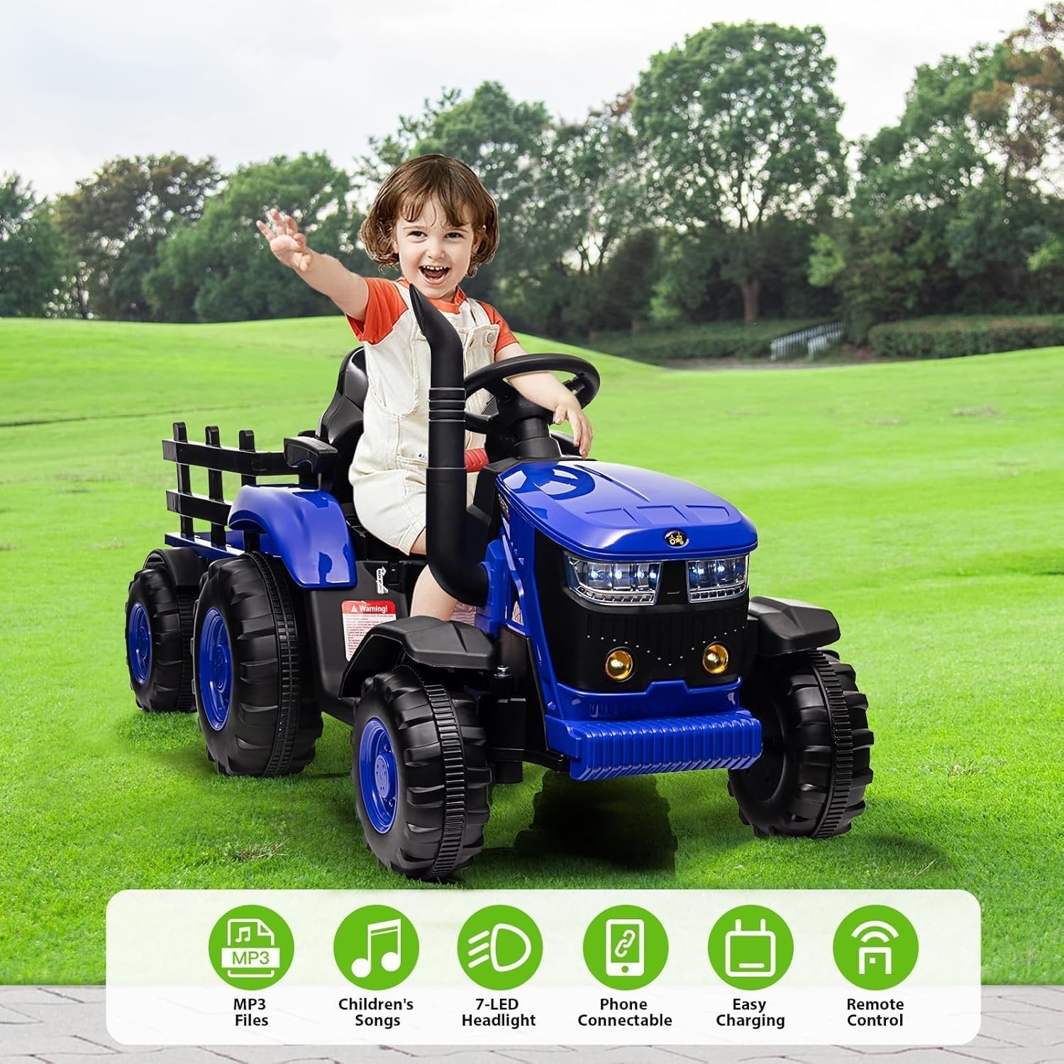 Kids 12V Electric Ride On Tractor w/ Remote, Music, Trailer,Dual Motors,6 Wheels