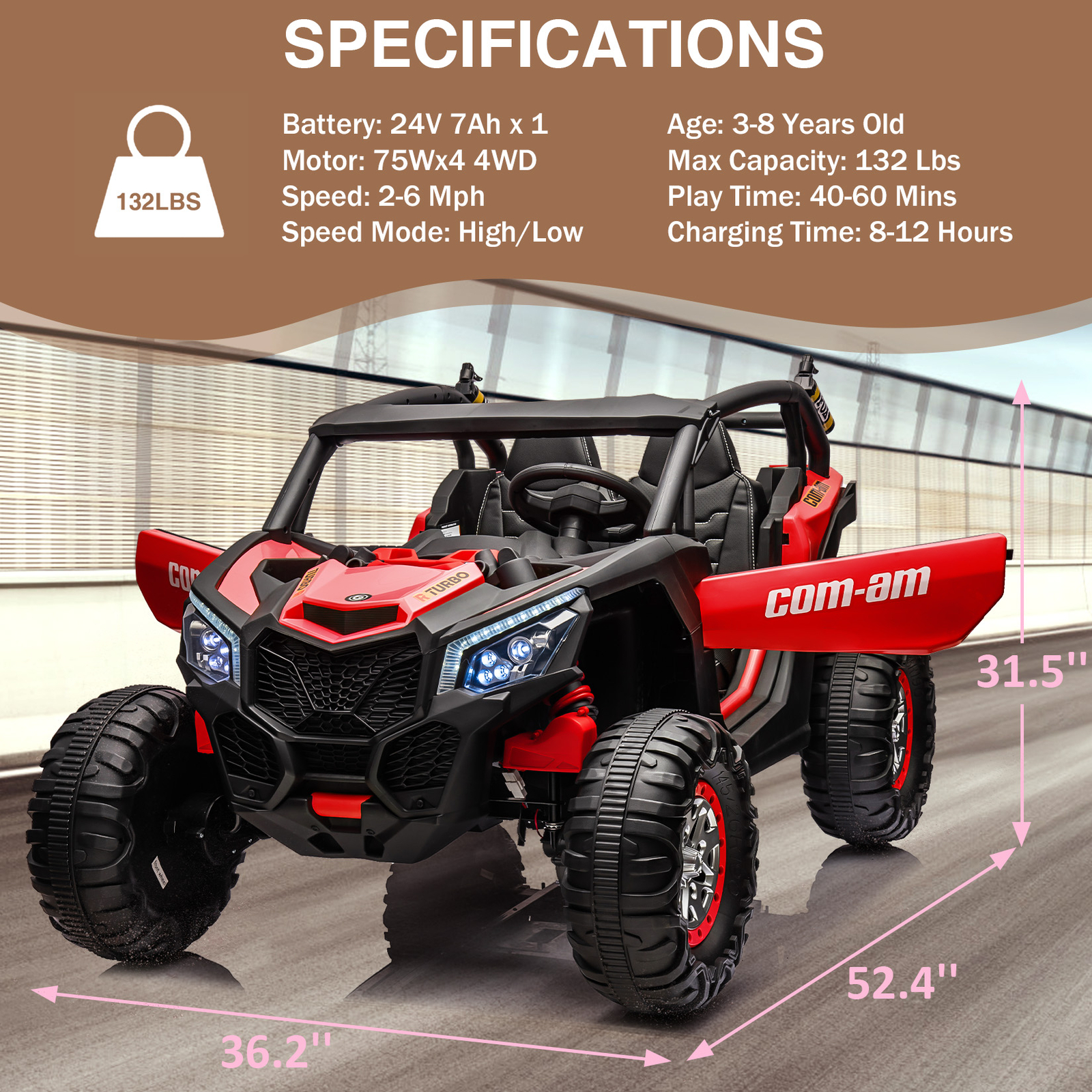 24V 2 Seater Kids Ride On UTV Car W/Remote Control,4WD Powerful Electric Vehicle